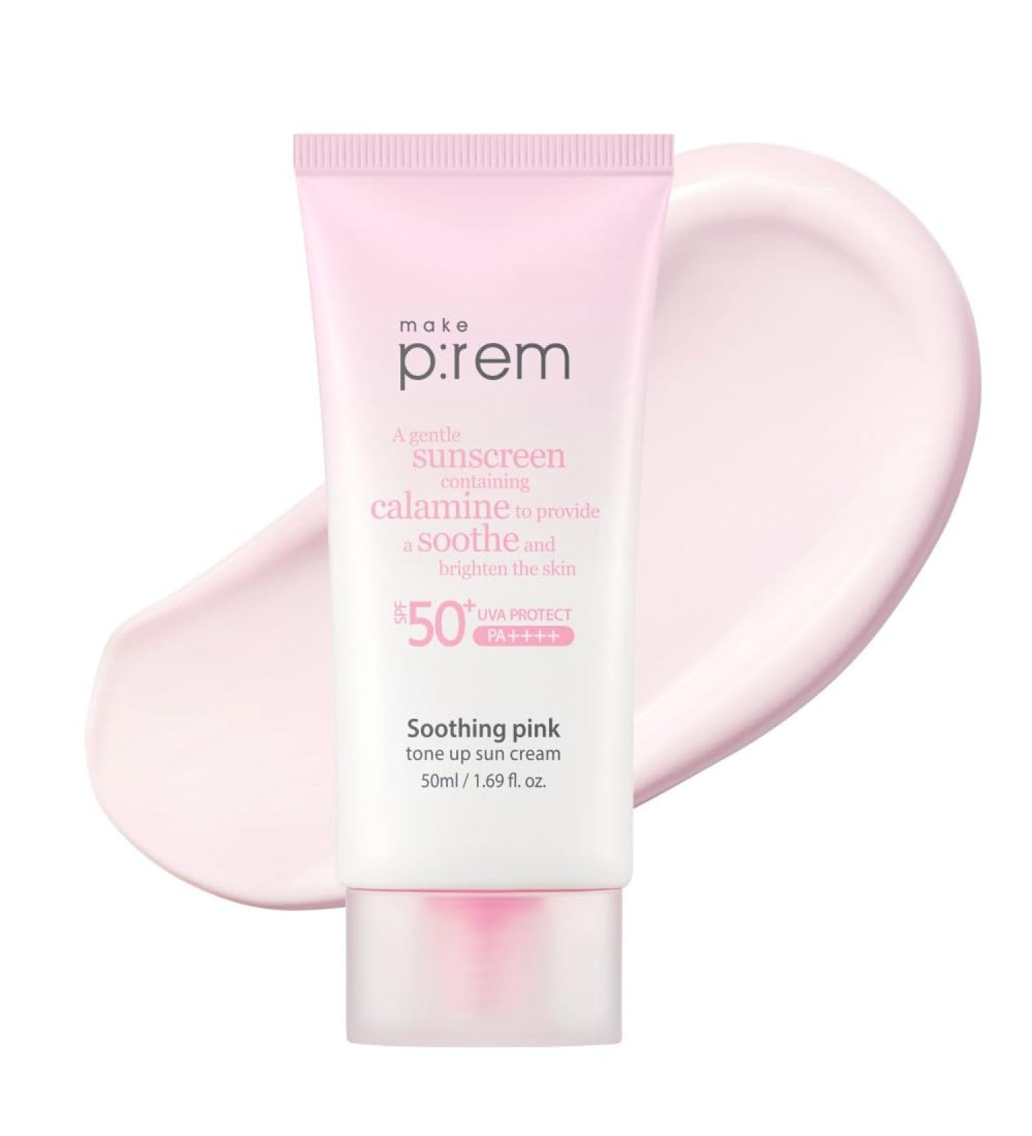 MAKE P:REM Soothing Pink Tone Up Sun Cream - SPF 50 Mineral Sunscreen for Dehydrated Skin | Lightweight Non-Greasy Korean Formula - 1.69 Fl. Oz (50ml - Buy Online on GoSupps.com