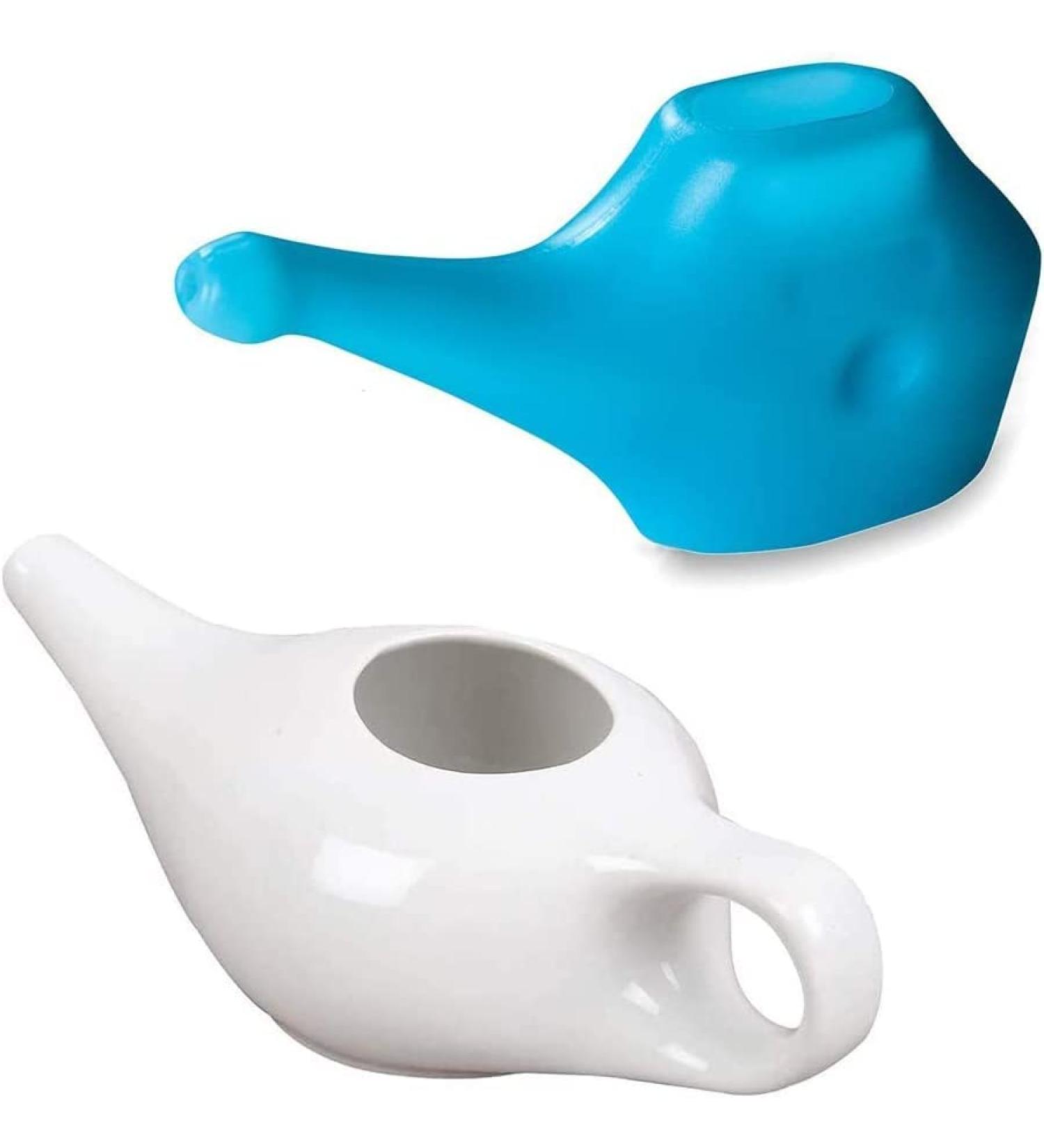 Qimacplus Leak Proof Neti Pot Hold 230 Ml Ceramic and 150 Ml Plastic Water Comfortable Grip | Dishwasher Safe Friendly Natural Treatment for Sinus and Congestion White and Blue - Buy Online on GoSupps.com