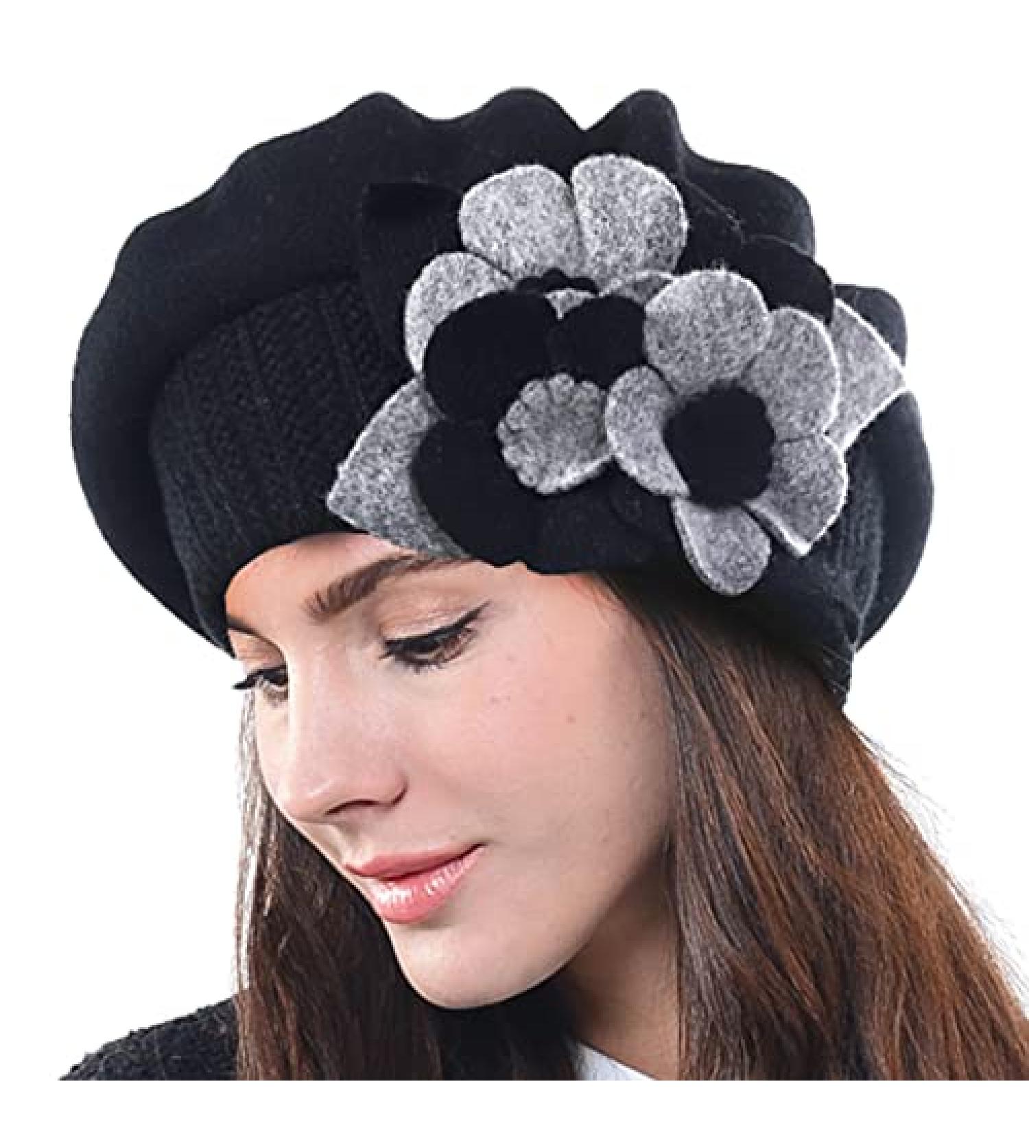 F&N STORY Lady French Beret Wool Beanie Winter Hat - Floral Black - Buy Online on GoSupps.com