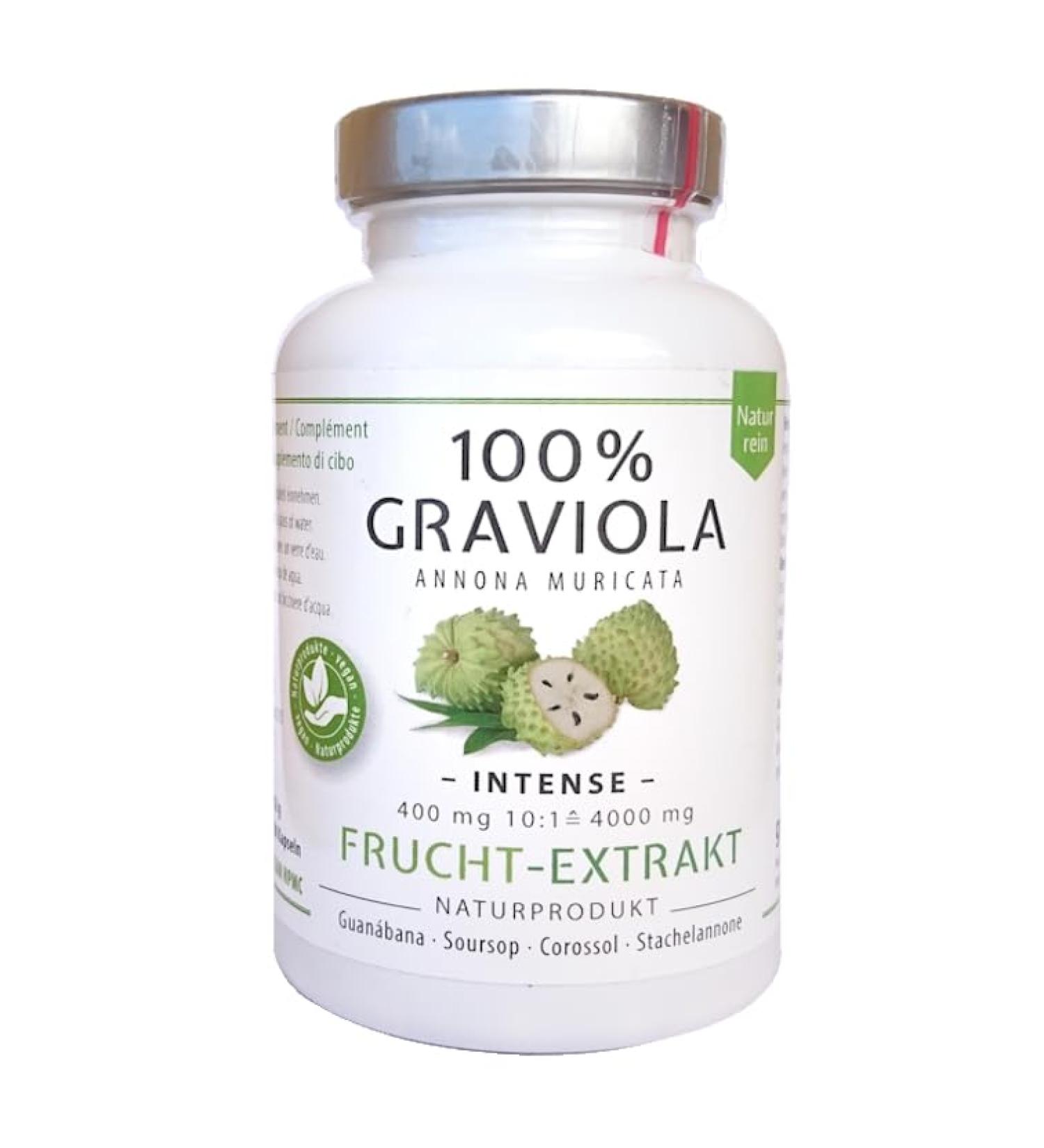  Graviola.de 100% Soursop Fruit Extract 4000mg High dosage -10:1/180 capsules of 400mg - No pesticides additives anti-caking agents. - Buy Online on GoSupps.com