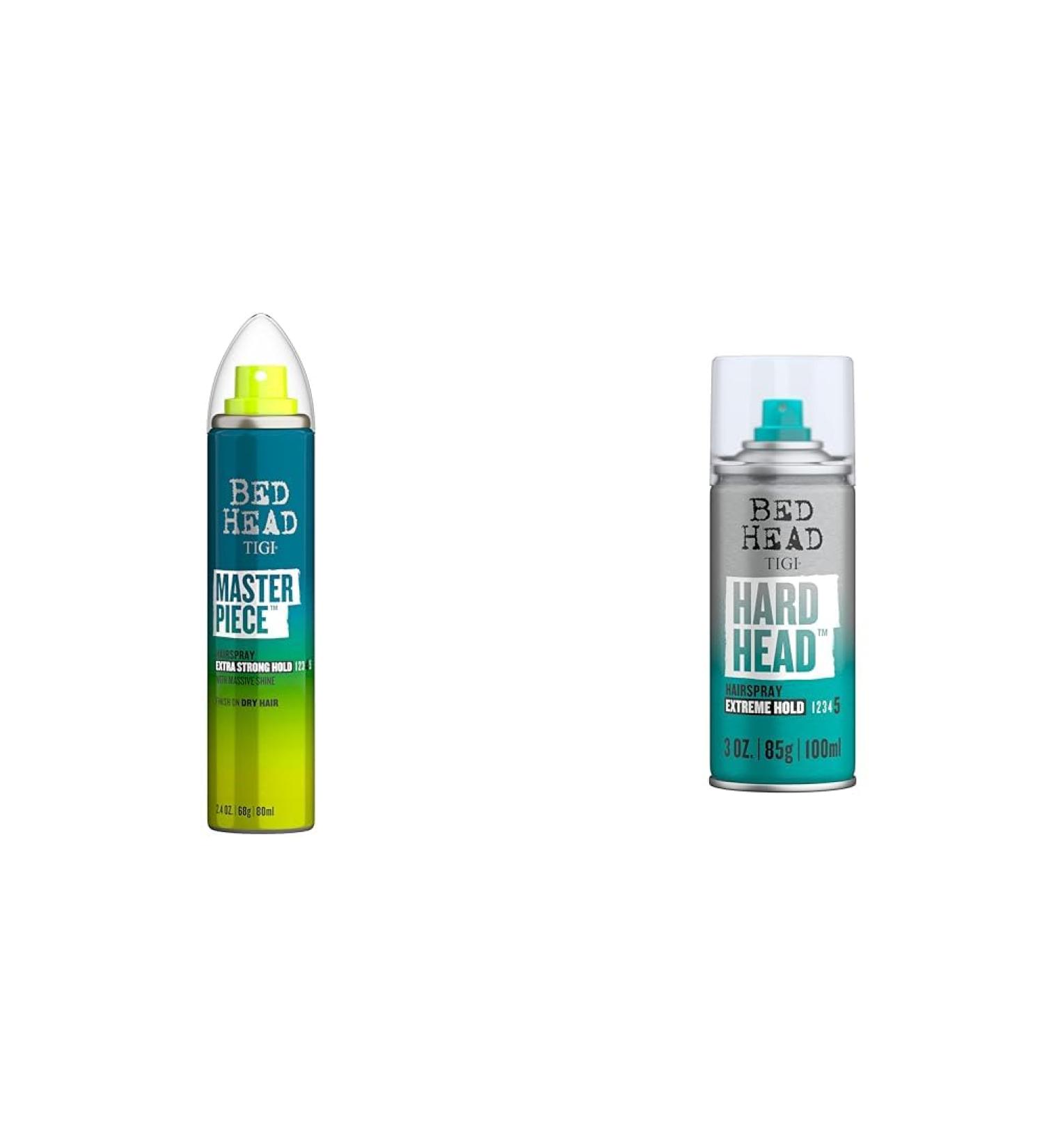 TIGI Bed Head Masterpiece Shiny Hairspray Strong Hold Travel Size 2.4 oz and Hard Head Extra Strong Hold Hairspray Travel Size 3 oz Bundle - Buy Online on GoSupps.com