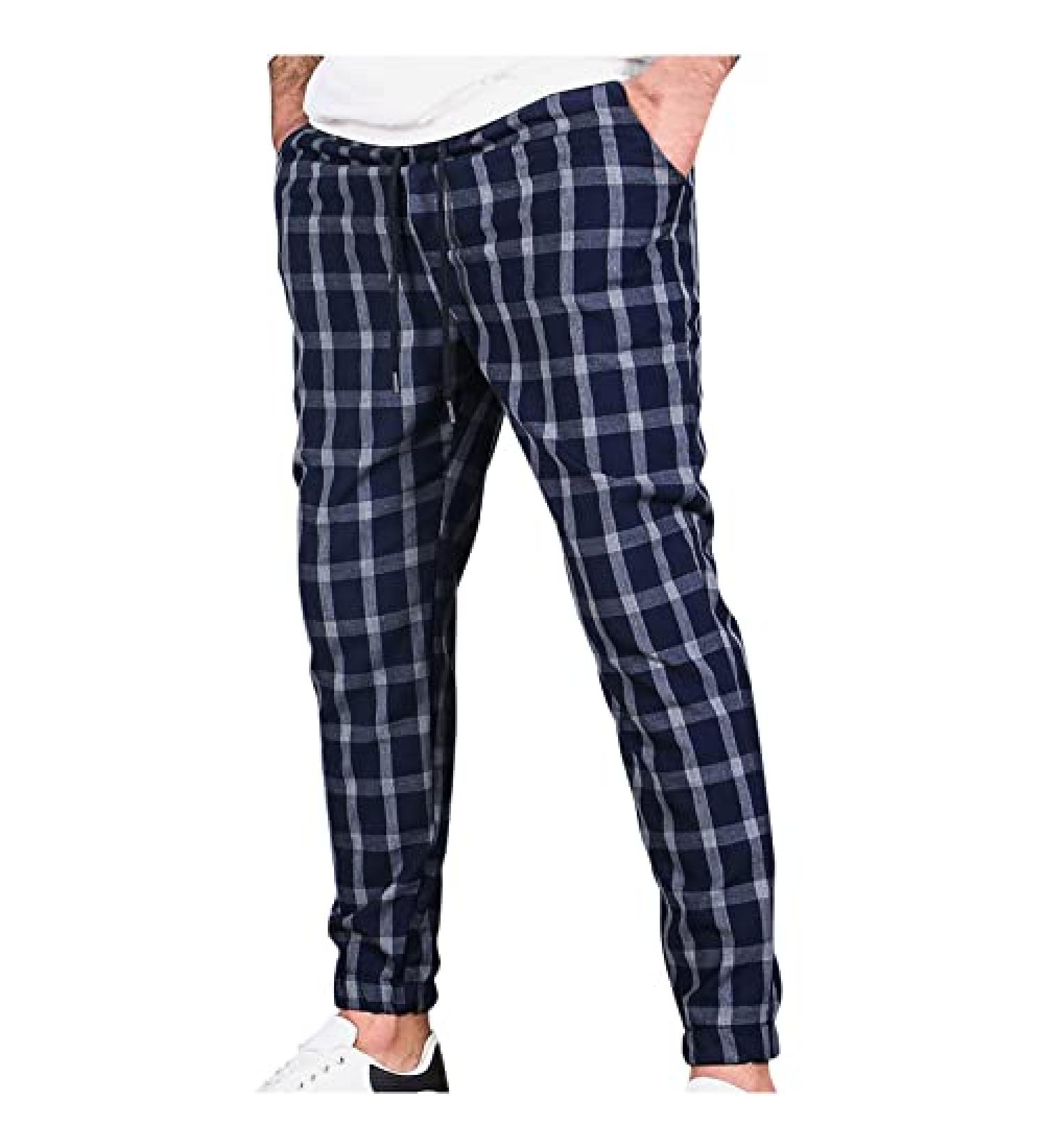 Men's Plaid Pattern Joggers | Drawstring Comfort Athletic Pants - Navy - Buy Online on GoSupps.com