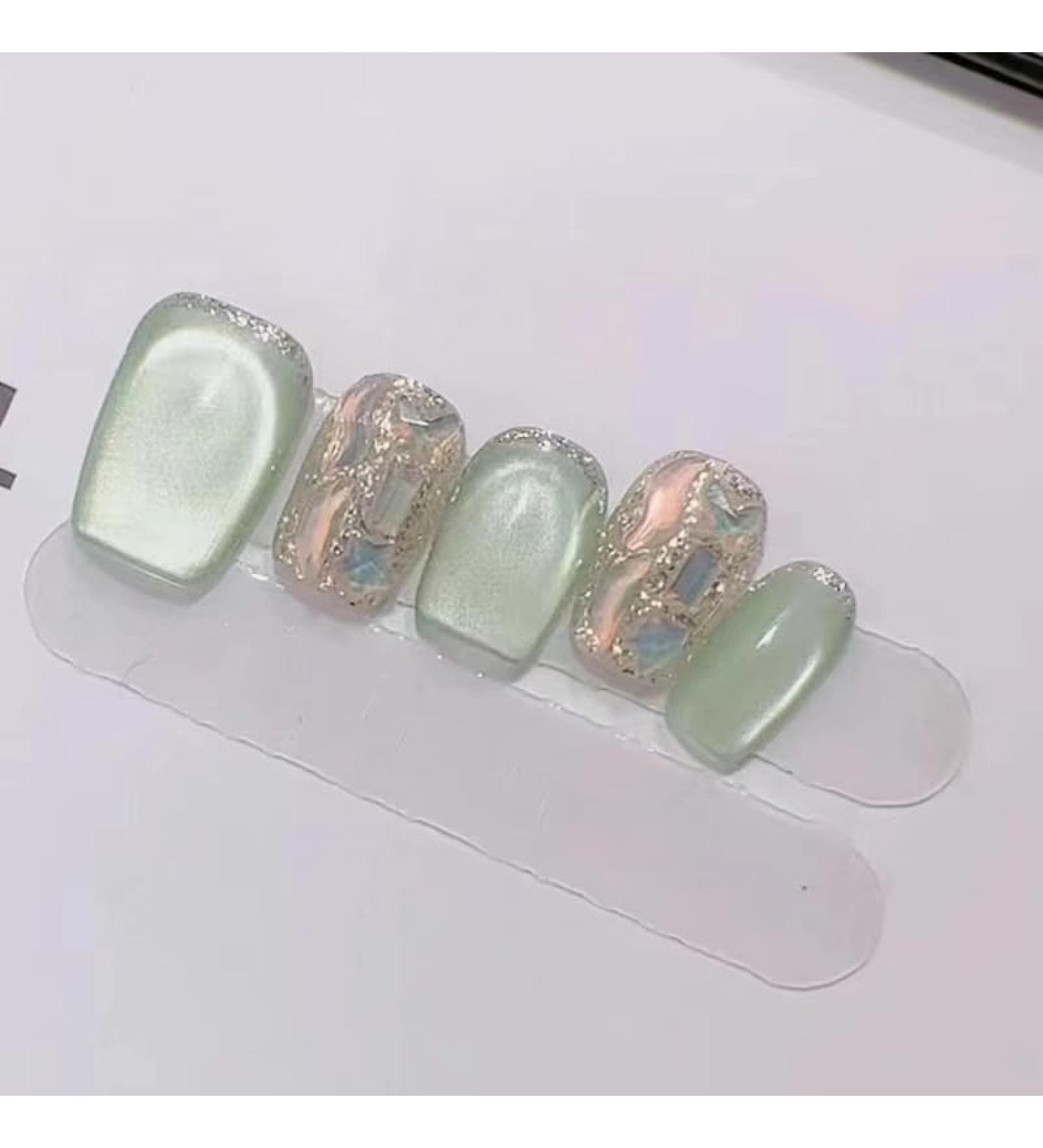 Senvenski Short Coffin Press On Nails Jelly Green Glitter Cat Eye Magnetic Holographisch Fake Nails Shimmery Acrylic Nails Full Cover with Nail Glue for Women and Girls (CD052) - Buy Online on GoSupps.com