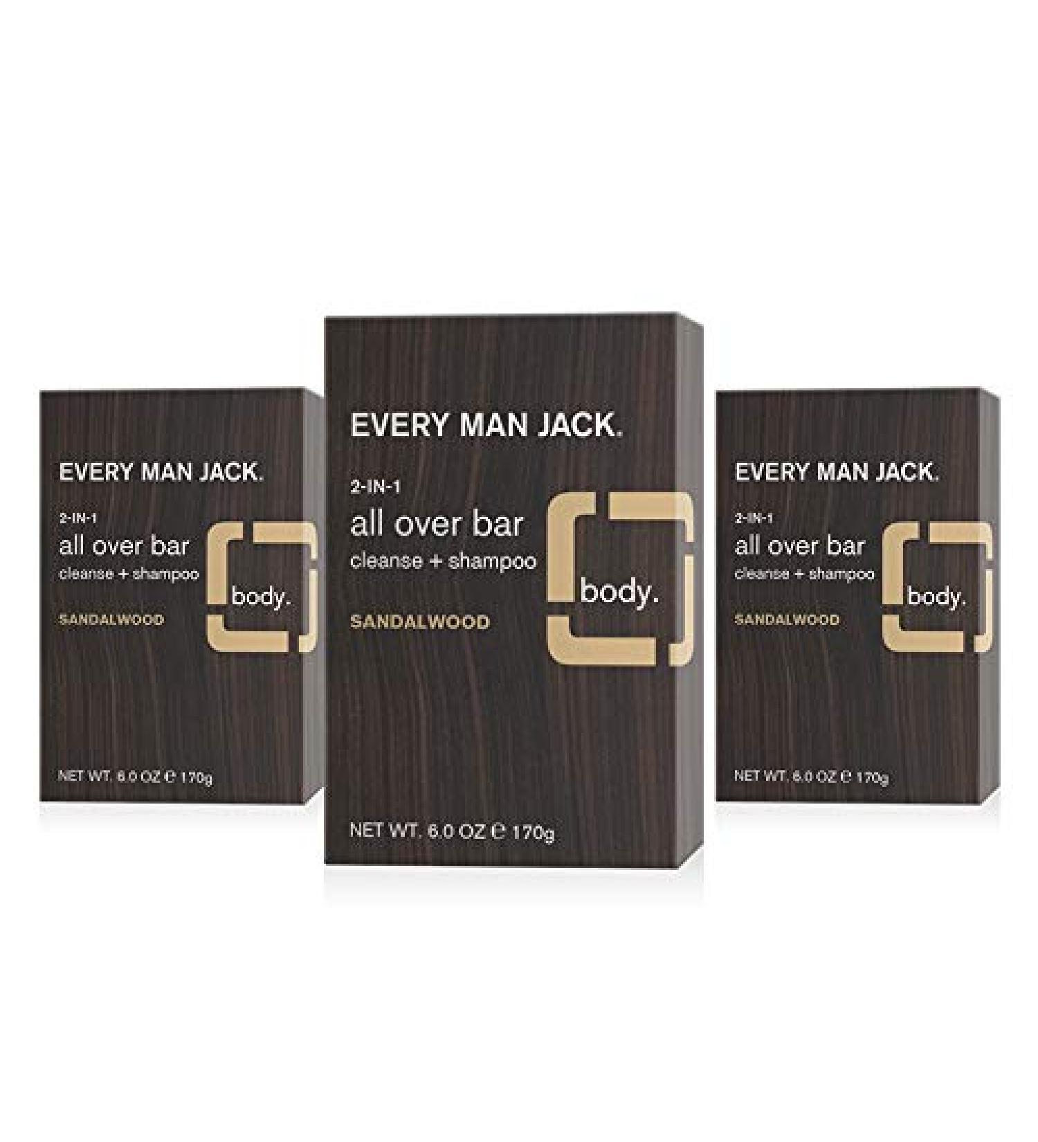 Every Man Jack Sandalwood Soap Bar for Men - Deep Cleansing & Hydrating Body and Hair Care with Shea Butter, Aloe Vera, Glycerin - 3 Pack - Buy Online on GoSupps.com