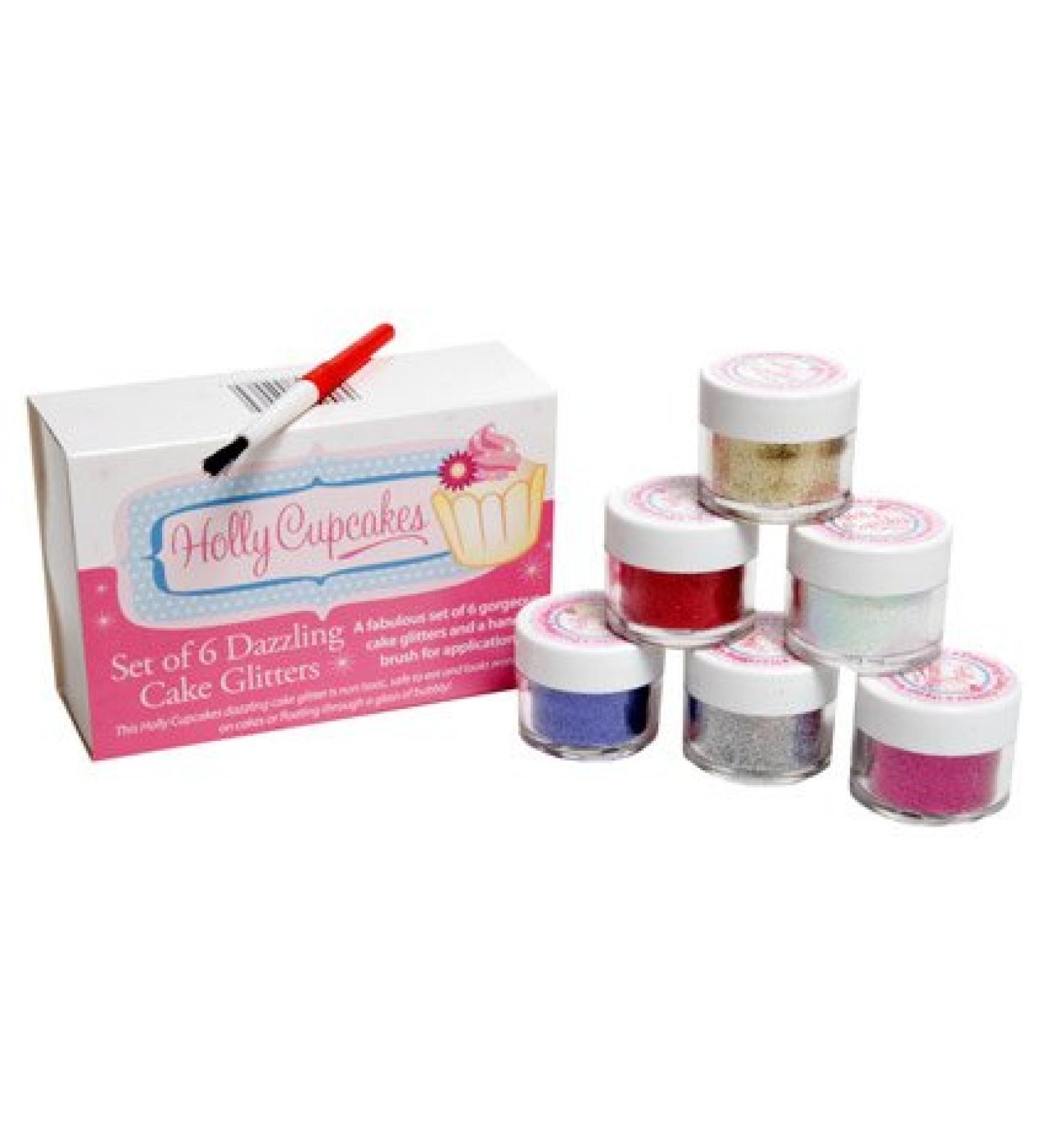 Set of 6 Holly Cupcakes Stunning Sparkly Decorating Glitters with Application Brush: Silver Gold Iridescent White Fuchsia Green & Blue - Buy Online on GoSupps.com