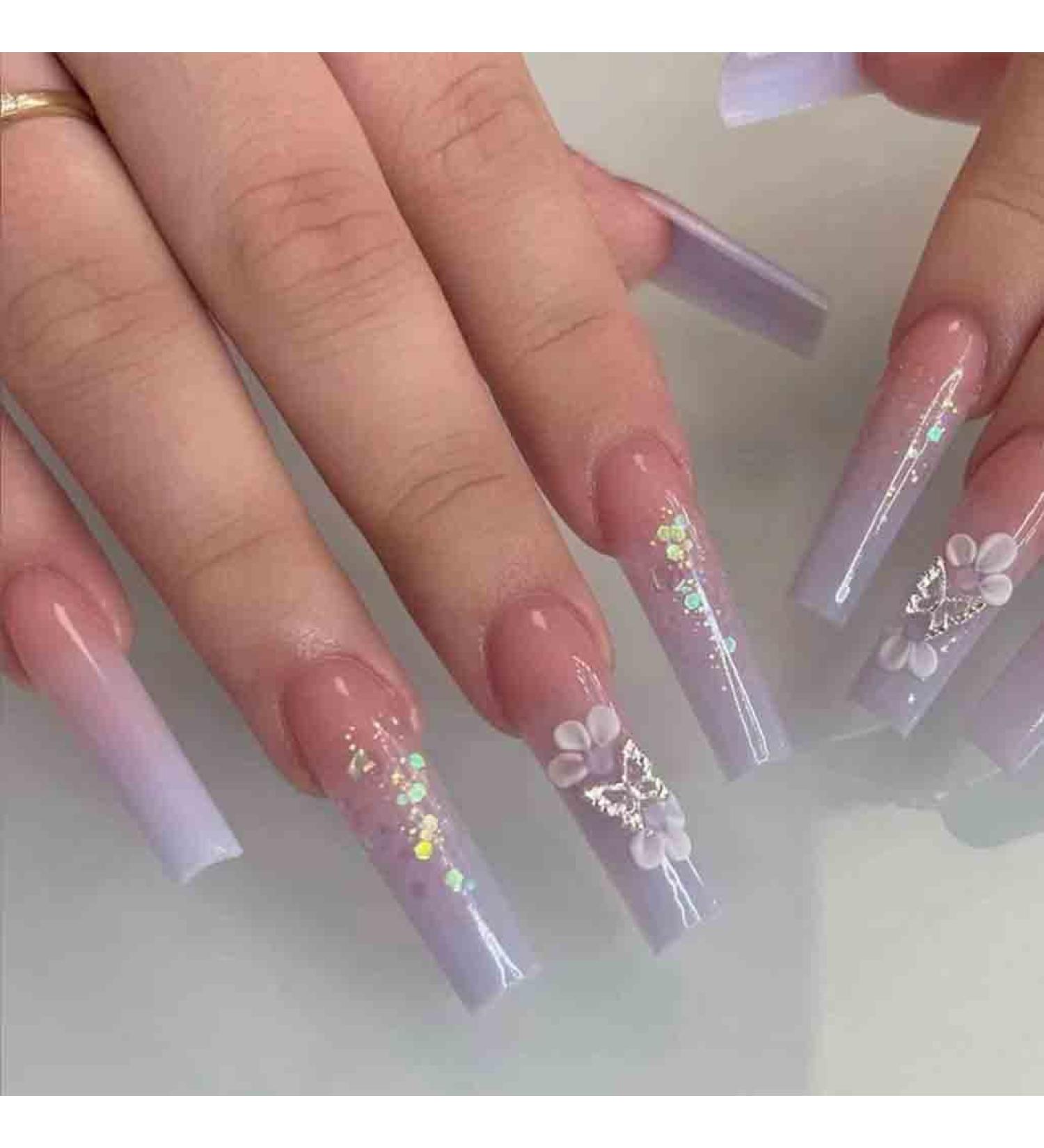 Purple Fake Nails with Sequins, Glitter, & 3D Butterfly Rhinestone Design - 24PCS - Buy Online on GoSupps.com