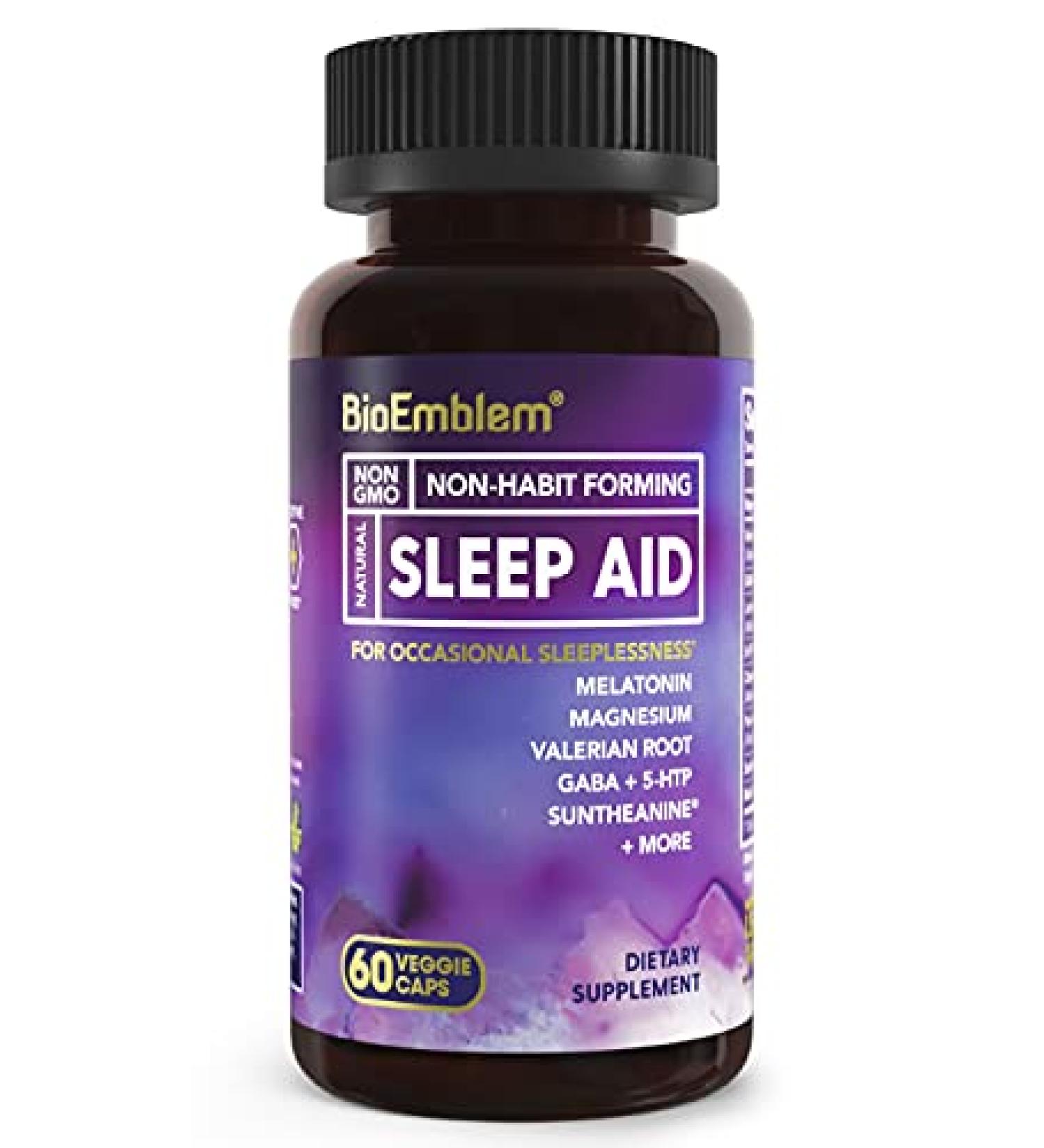 BioEmblem Natural Sleep Aid for Adults | Melatonin, Valerian Root, Suntheanine & More | Herbal Sleeping Pills | 60 Capsules - Buy Online on GoSupps.com