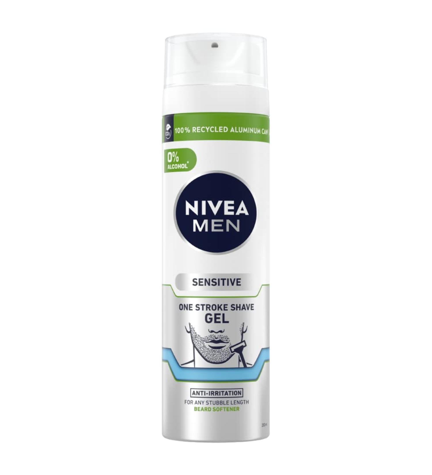 NIVEA MEN Sensitive One Stroke Shave Gel (200ml) Shaving Gel for Men with Chamomile Extract + Vitamin E Shaving Gel and Beard Softener Shaving Gel Men Sensitive