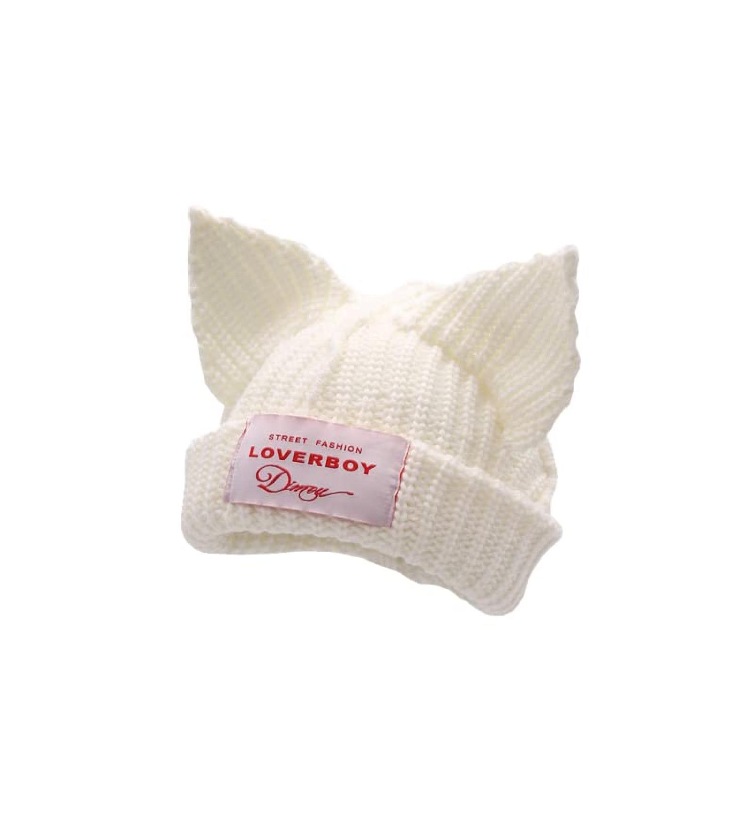 Cute Cat Ear Women's Beanie Hat - Knitted Wool Cap in White - Buy Online on GoSupps.com