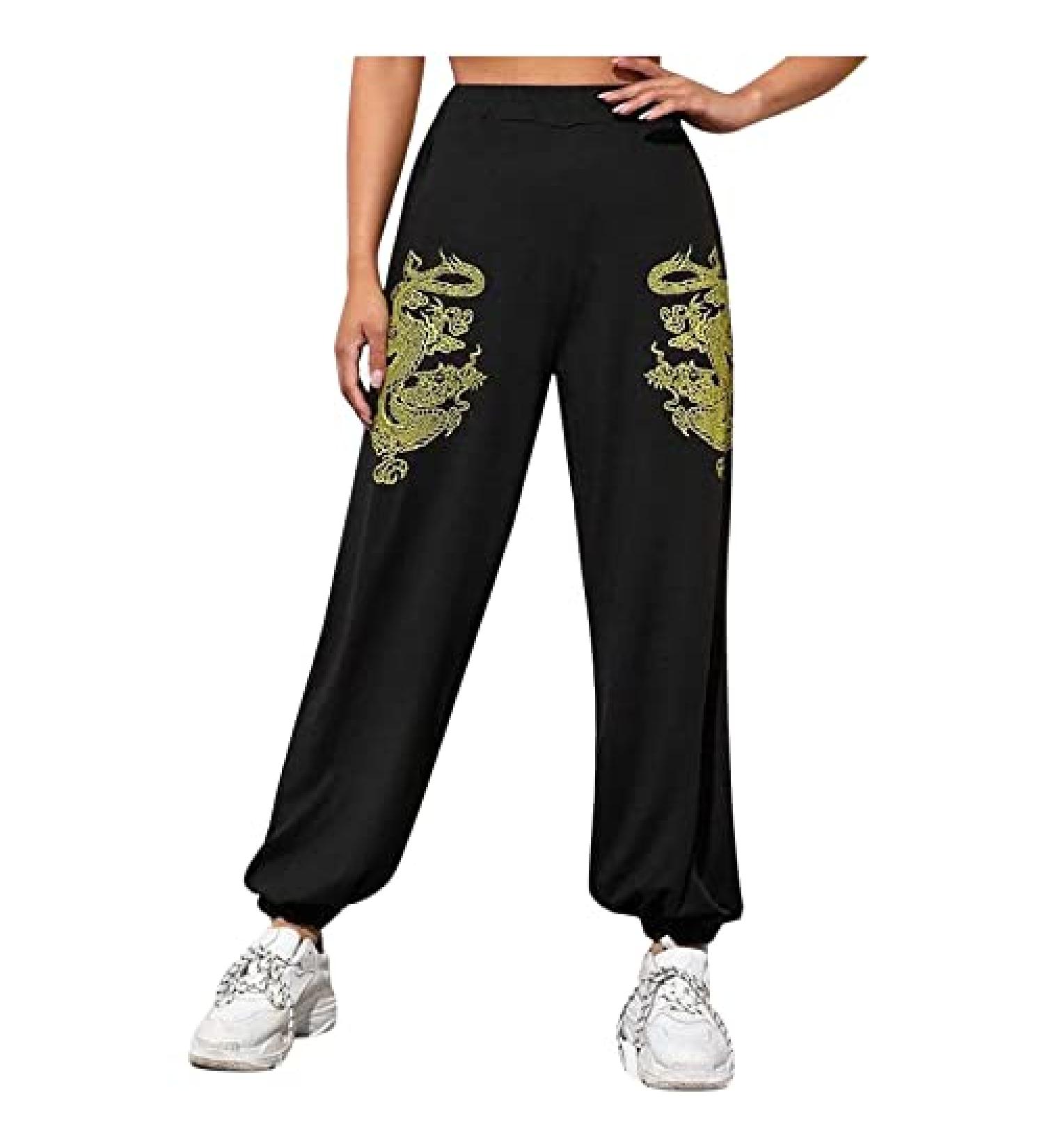 Women's Dragon Print High Waisted Sweatpants with Pockets - Black, Large | Workout Joggers & Lounge Trousers - Buy Online on GoSupps.com