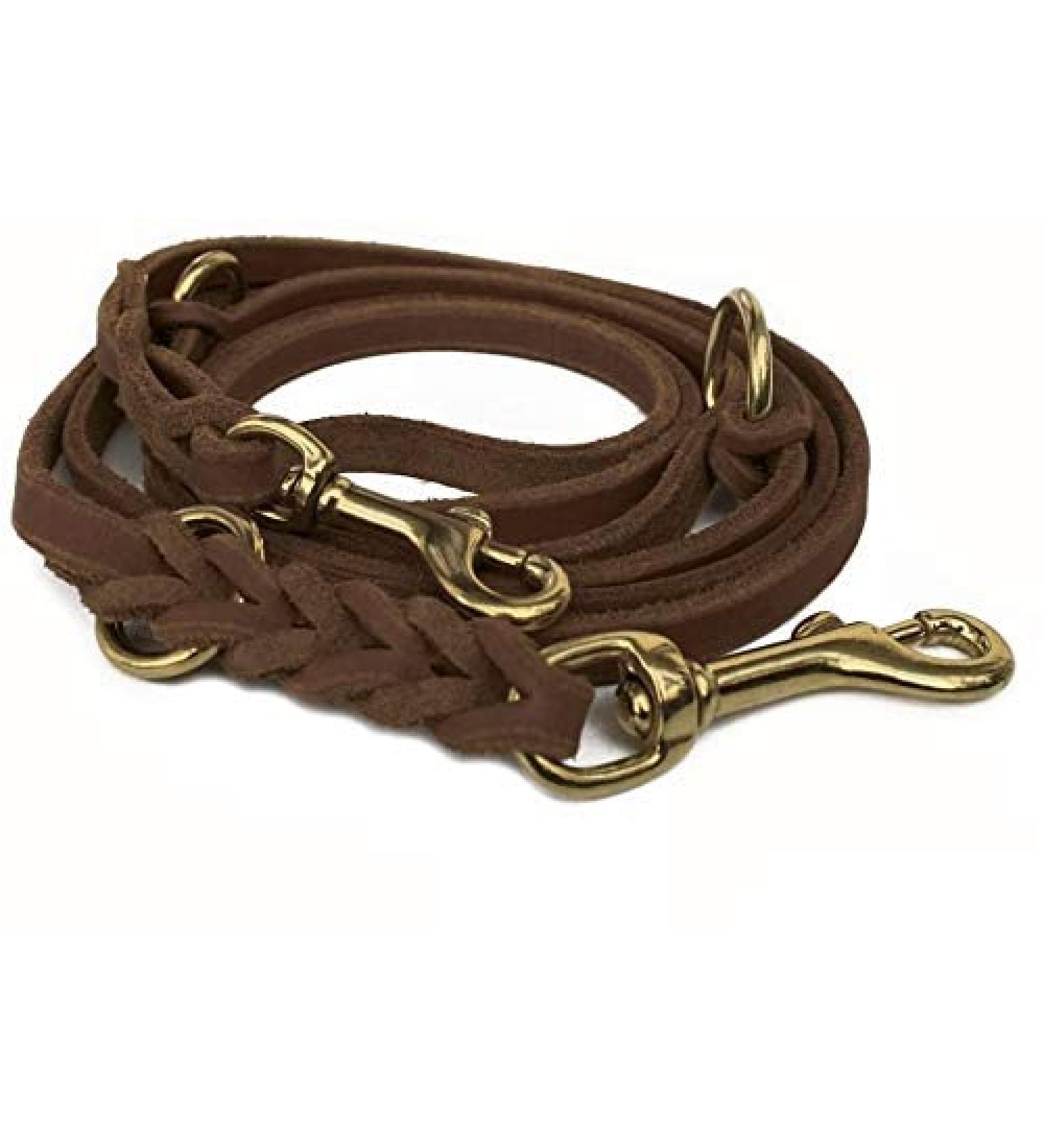 Fat leather Gleile 3-way adjustable leather line braided for dogs 96 models to choose from (2.40m x 10mm brown brass hook) 2.40m x 10mm brown brass hook