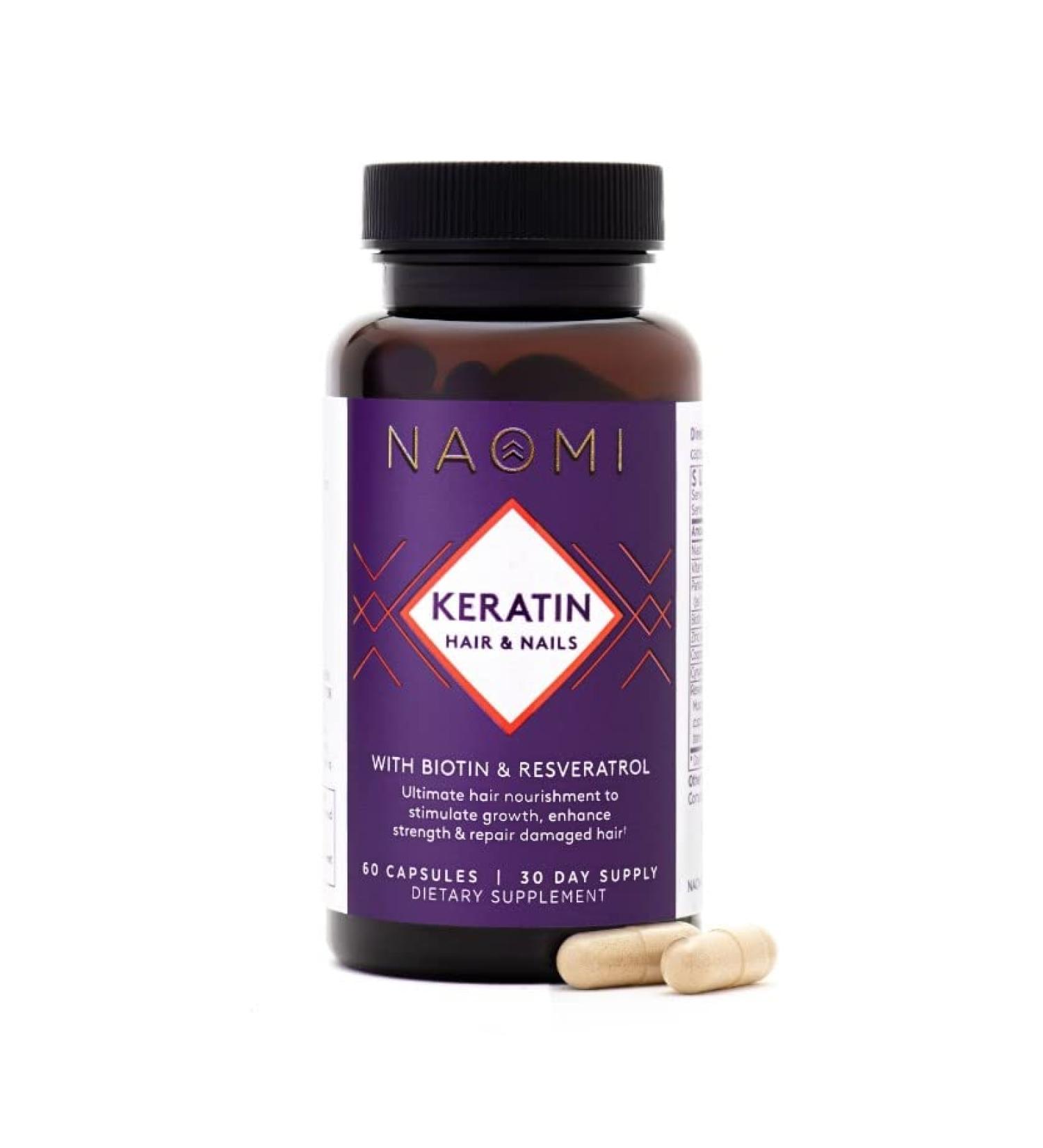 NAOMI Keratin Vegan Hair Growth Supplement for Women - Biotin, Zinc, & Soluble Keratin - Strong Hair & Nails Vitamins with Resveratrol - 60 Capsules - Buy Online on GoSupps.com