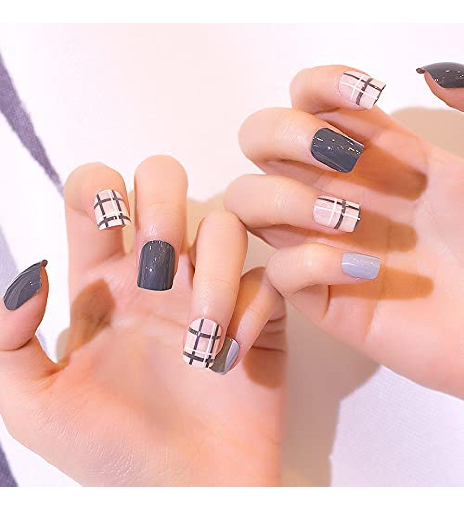 MENILITHS 24pcs Gray and White False Nail with Gray Line Acrylic Artificial Full Fake Nails Nail Art Tips with Adhesive Tab for Women and Girls - Buy Online on GoSupps.com