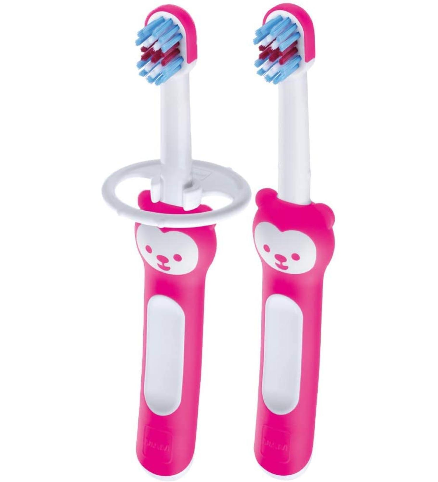 MAM Baby's Brush Pack of 2 Baby Toothbrushes With Safety Shields Ideal for Teaching Dental Hygiene to Infants Toothbrush for Babies Suitable From Birth Pink (Designs May Vary) - Buy Online on GoSupps.com
