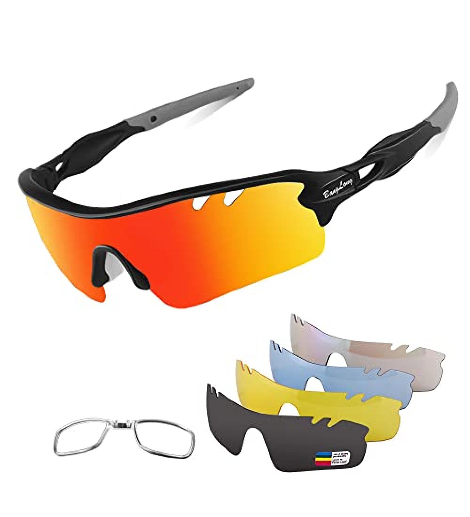 Polarized Sports Sunglasses for Men and Women with 5 Interchangeable Lenses - Ideal for Cycling, Running, Baseball, Golf, and Driving - Black/Gray - Buy Online on GoSupps.com
