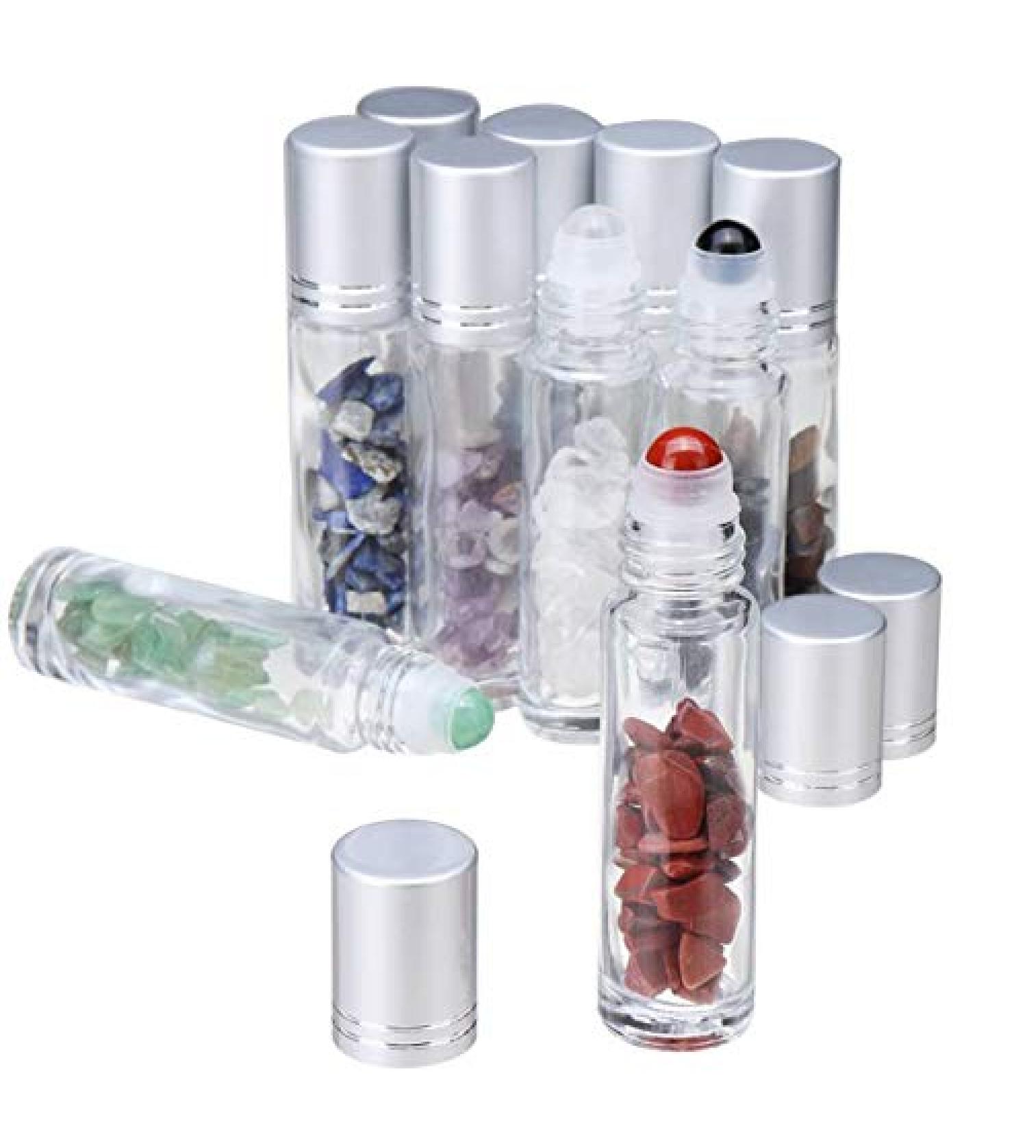10 Pack 10ml Gemstone Roller Bottles with Healing Crystal Chips - Clear Glass Roll on Bottle for Essential Oils - Silver Lid - Natural Crystal Stones Roller Balls - Buy Online on GoSupps.com