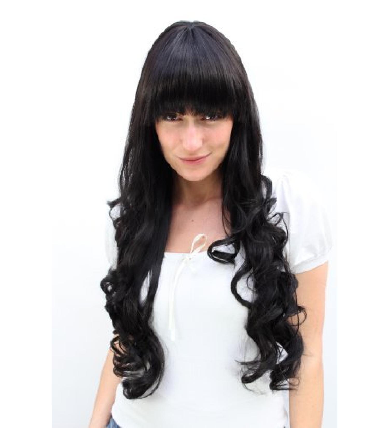 WIG ME UP 3116-2 Black Long Curly Wig with Straight Bangs - Premium Quality Fashion Wig for Women - Buy Online on GoSupps.com