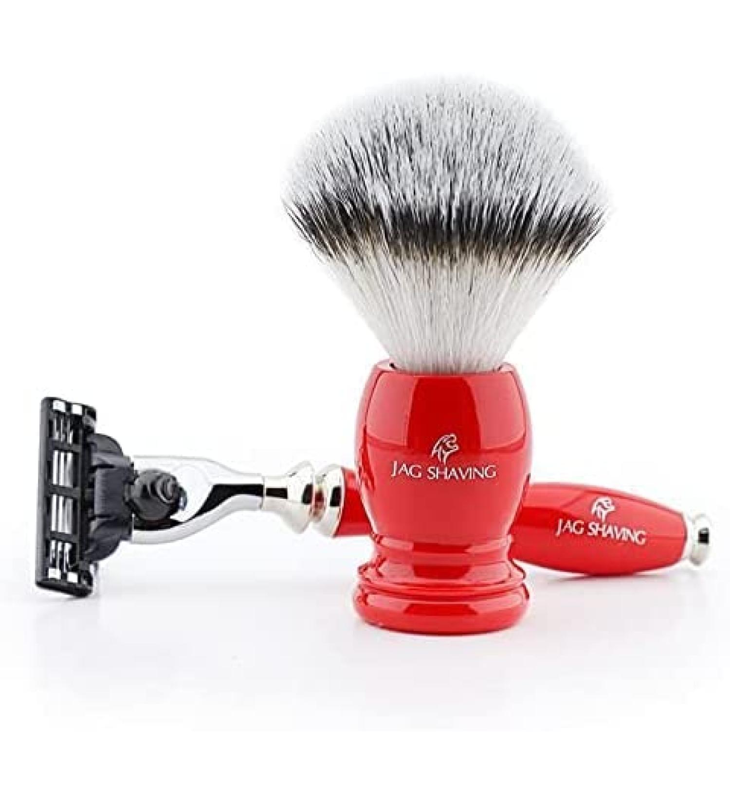 Jag Shaving 3-edge razor and synthetic shaving brush made of silver hair with red handle for men's shaving