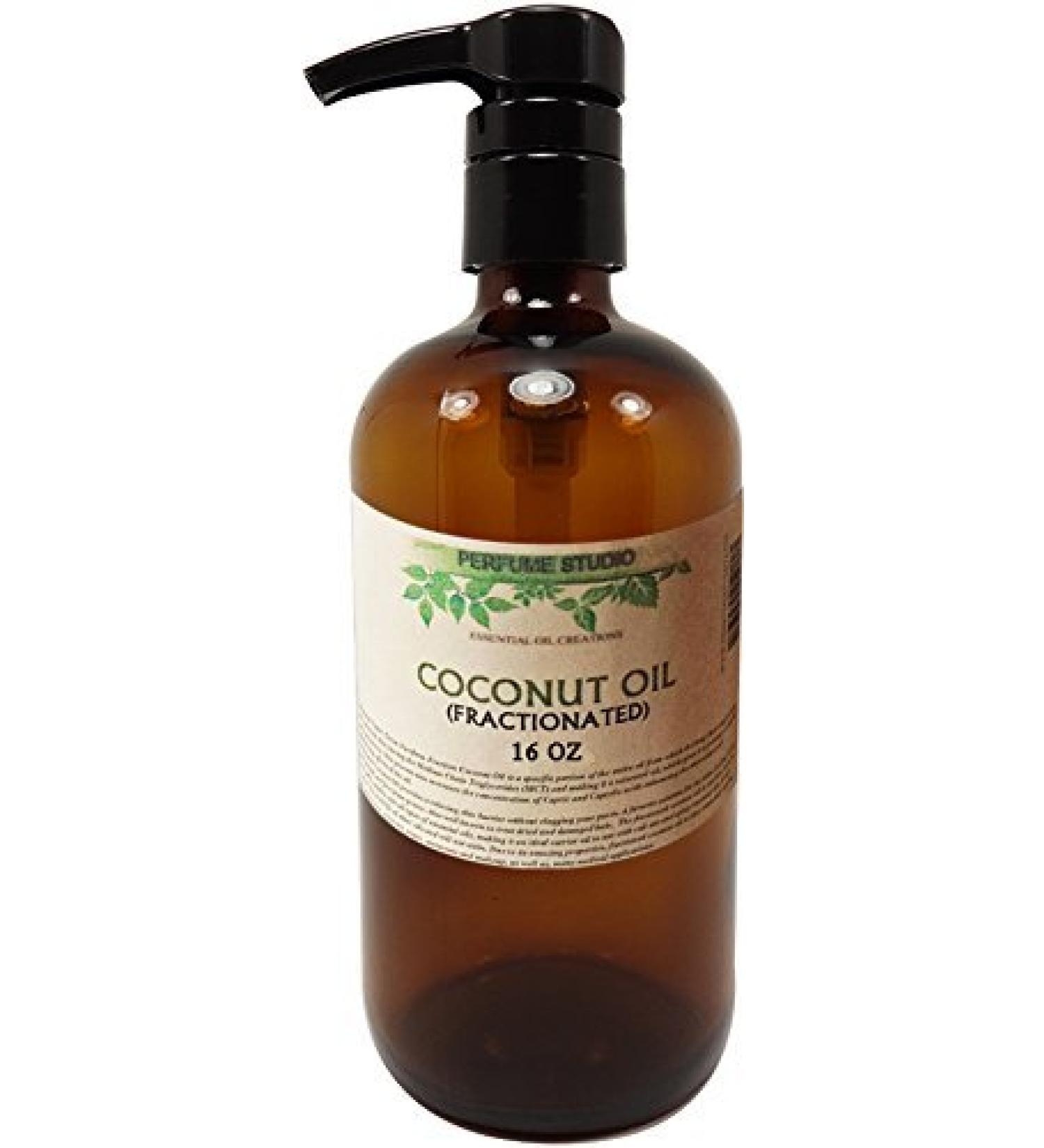 Fractionated Coconut Oil Amber Glass Pump Bottle. A Daily Rejuvenating Skin Moisturizer Dry Hair Treatment Carrier Oil Aromatherapy and Massage Oil. (FRACTIONATED Coconut Oil 16 OZ)