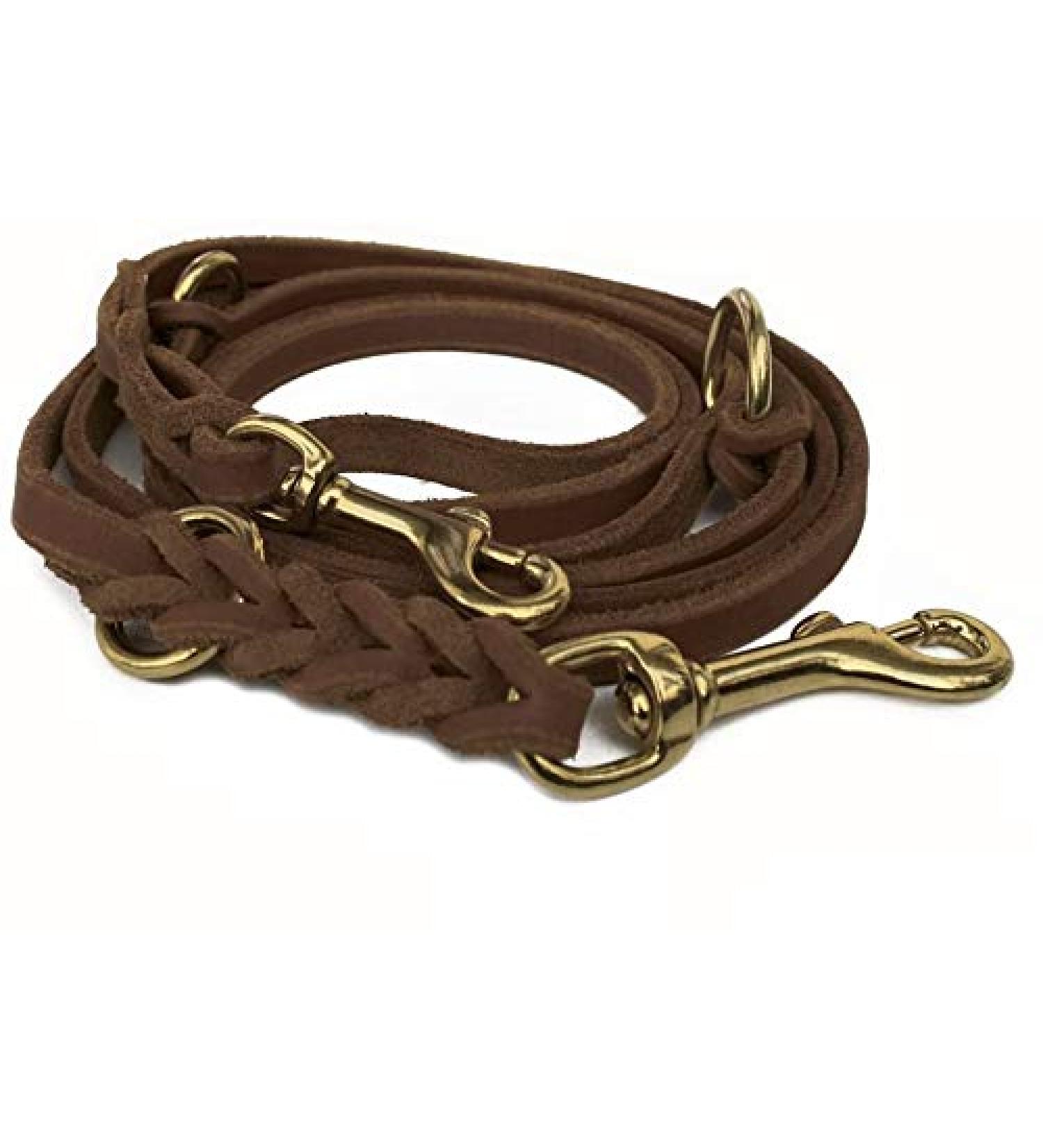 Fat leather Gleine 3-way adjustable leather line braided for dogs 96 models to choose from (2.40m x 12mm brown brass hook) 2.40m x 12mm brown brass hook