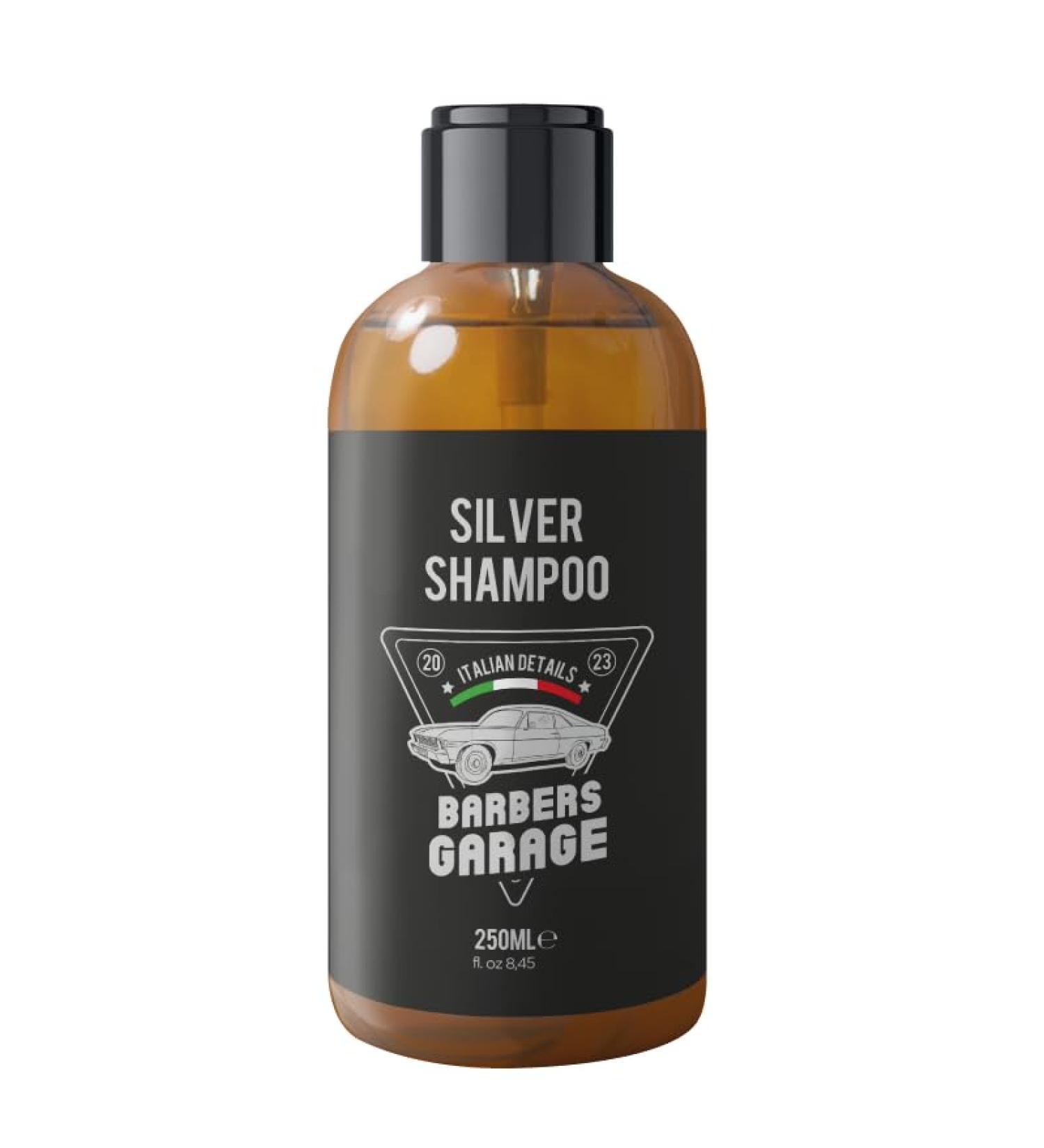 Barbers Garage Exclusive Silver Shampoo (250ml) Italian Details Beard and Hair Care with Aloe Vera Eliminates Yellow and Orange Tones. - Buy Online on GoSupps.com
