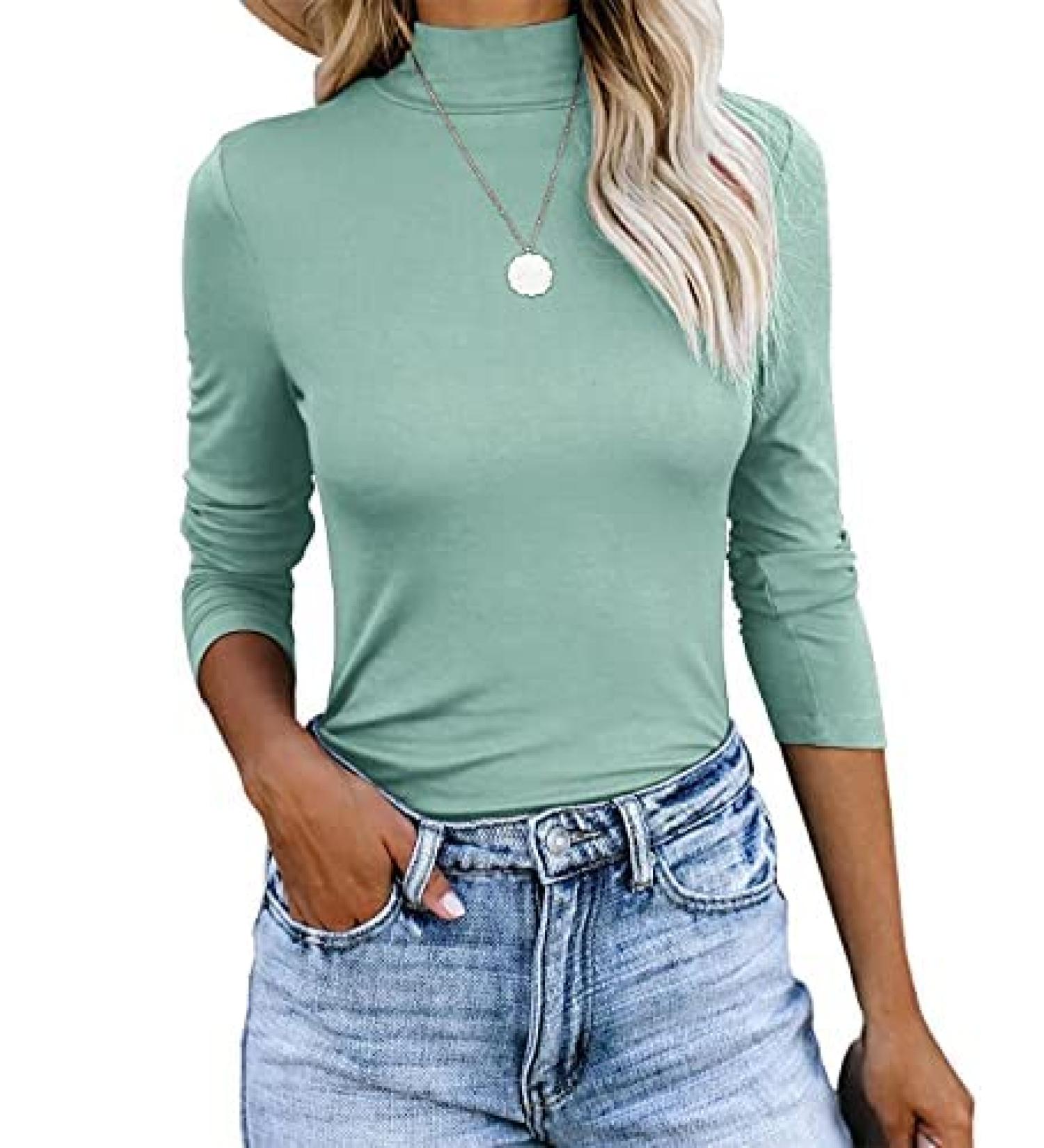 REVETRO Women Casual Long Sleeve Mock Turtleneck Top - Blue Green | Slim Fit Lightweight Tee - Buy Online on GoSupps.com