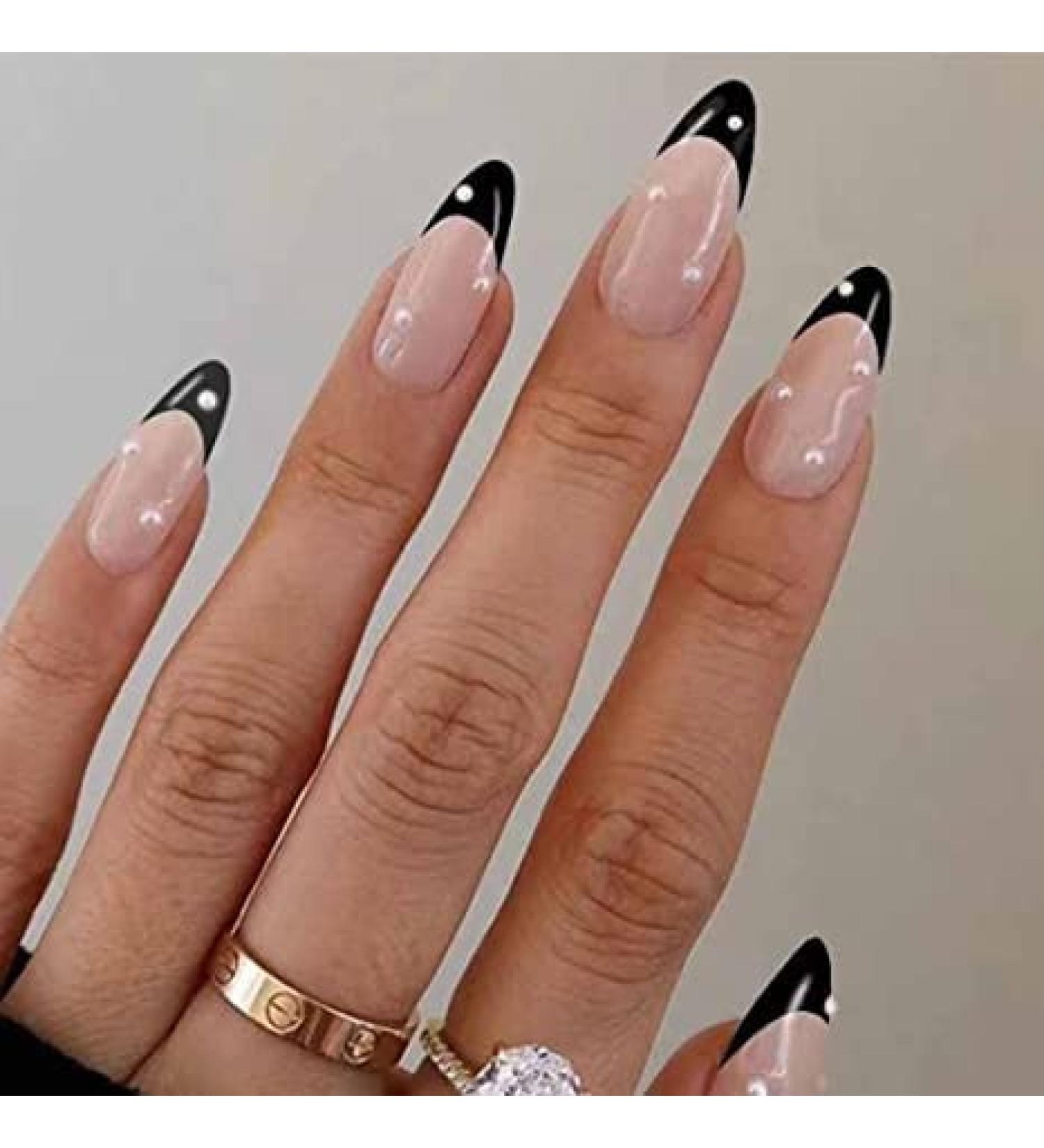 French False Nails: Medium Length Acrylic White Tip Almond Nails - 24pc with Glue - Elegant Black Pearl Press on Nails - Buy Online on GoSupps.com