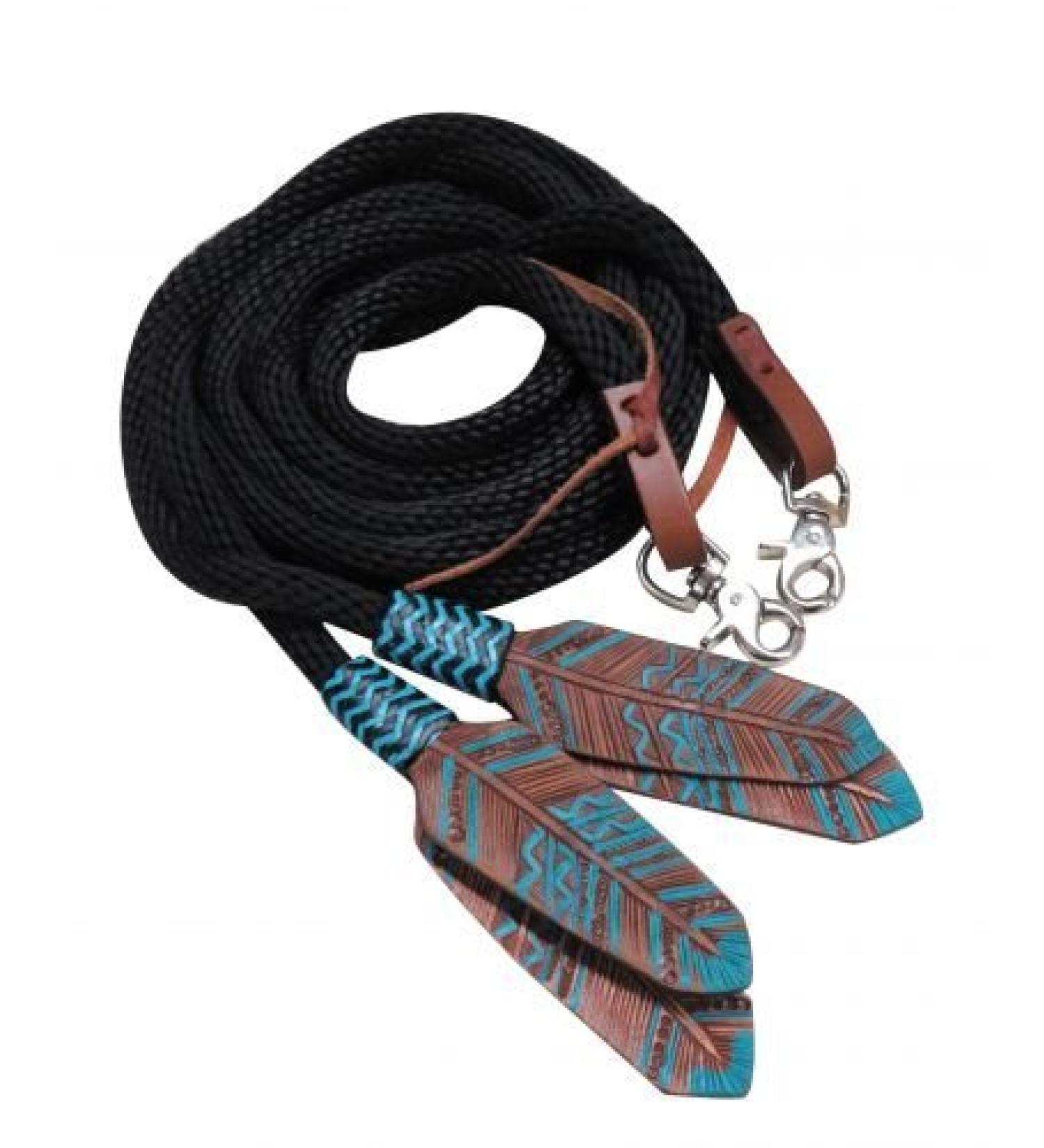 Showman 8ft Round Braided Nylon Split Reins with Teal Painted Feather Poppers