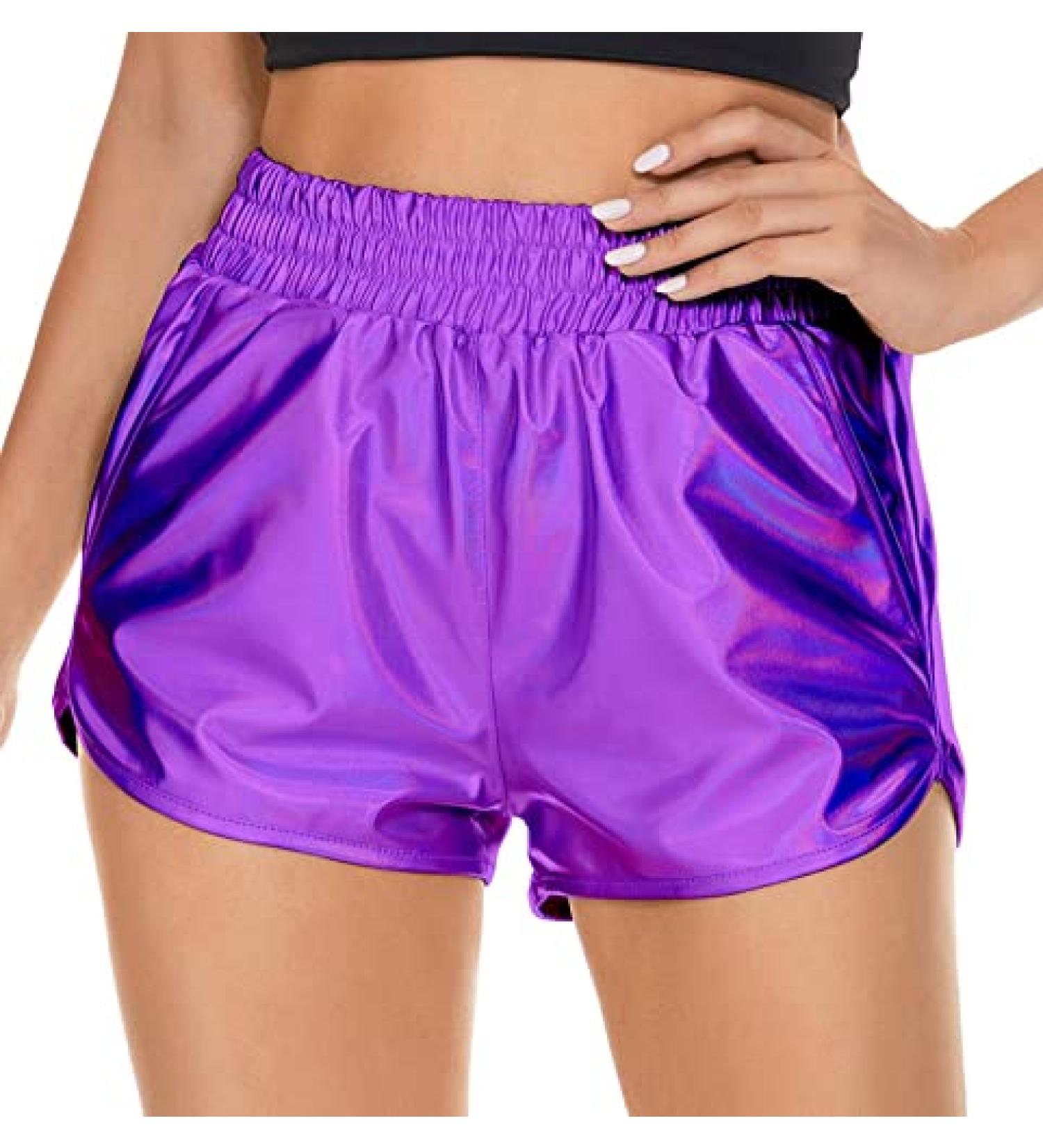 PESION Women's Metallic Purple Shiny Rave Hot Shorts - Small - Buy Online on GoSupps.com