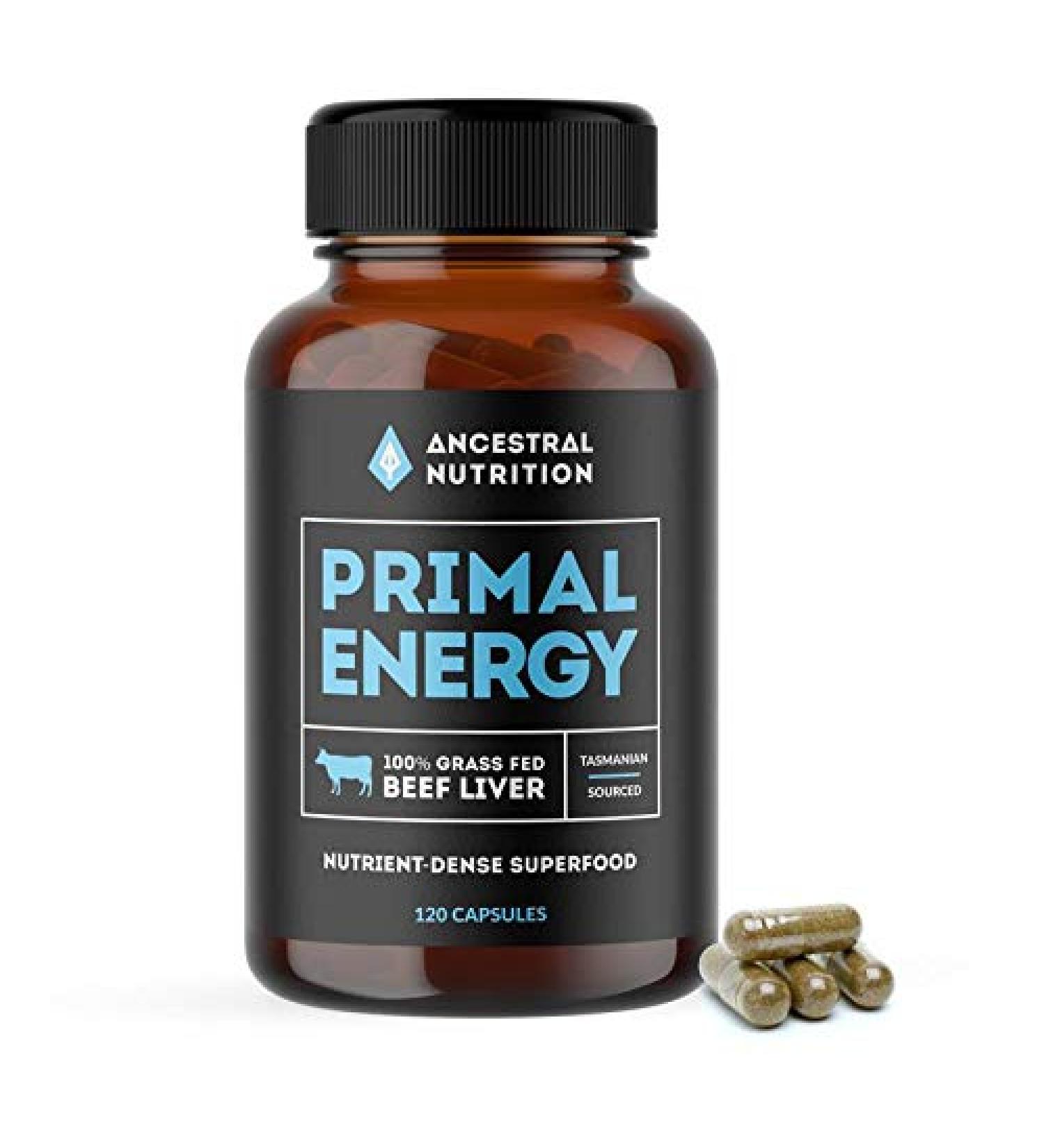 Beef Liver Capsules - 620mg | 120 Pills - Grass Fed Beef Liver Supplements with Natural Iron Vitamin B12 & Vitamin A - Heart Health and Immunity Primal Energy Capsules By Ancestral Nutrition - Buy Online on GoSupps.com
