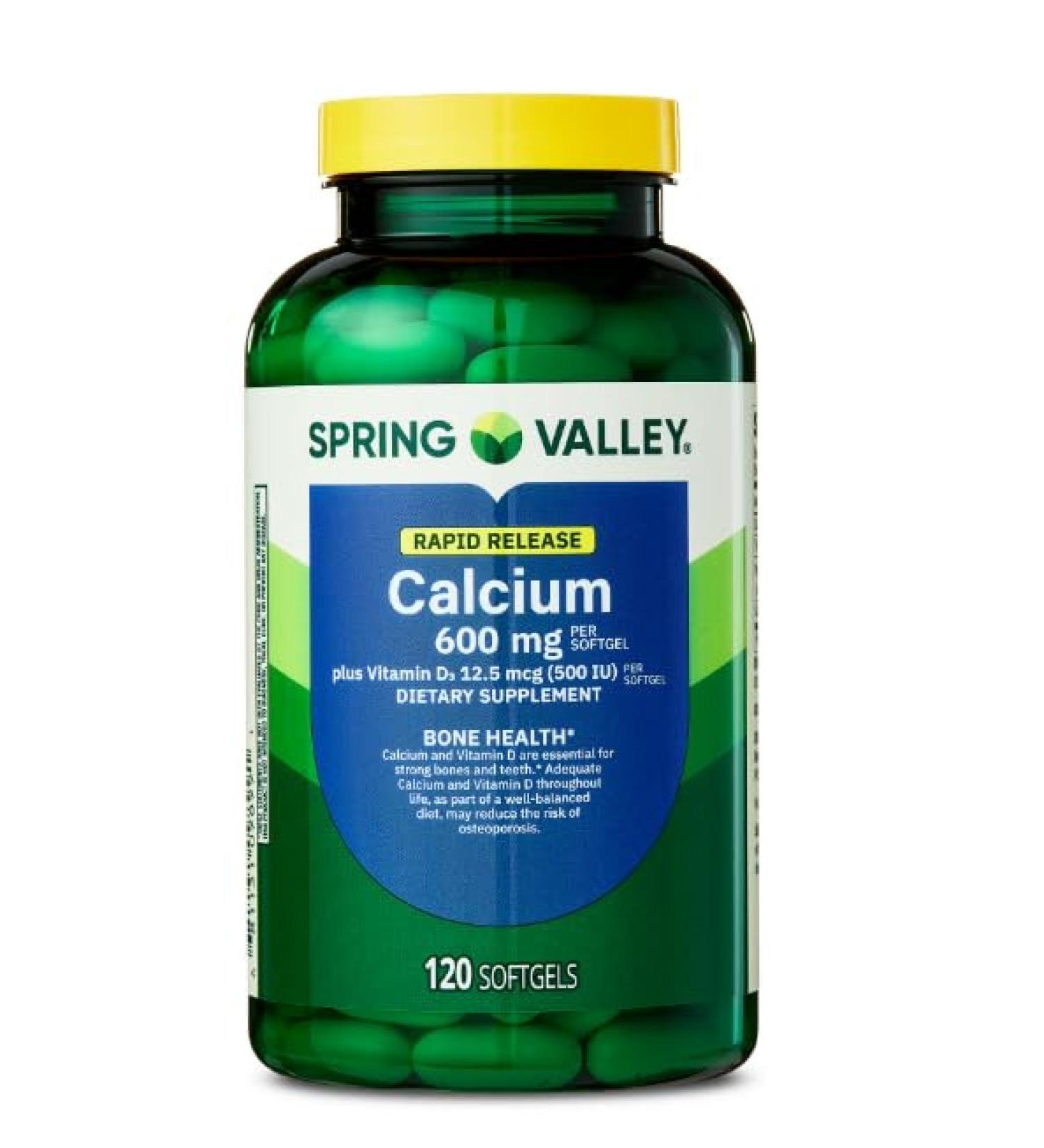 Spring Valley Calcium 600 mg + Vitamin D3 120 Softgels Bone Health Strong Teeth & Osteoporosis Support Rapid-Release Capsules Gluten-Free Supplement - Buy Online on GoSupps.com