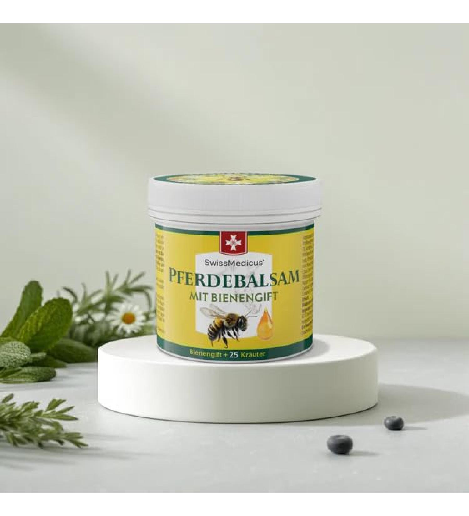 SwissMedicus Baume de cheval avec venin d'abeille et 25 herbes Fra cheur et r chauffement en m me temps Pour massage de la peau dans la zone du dos et des articulations sollicit es (75 ml)