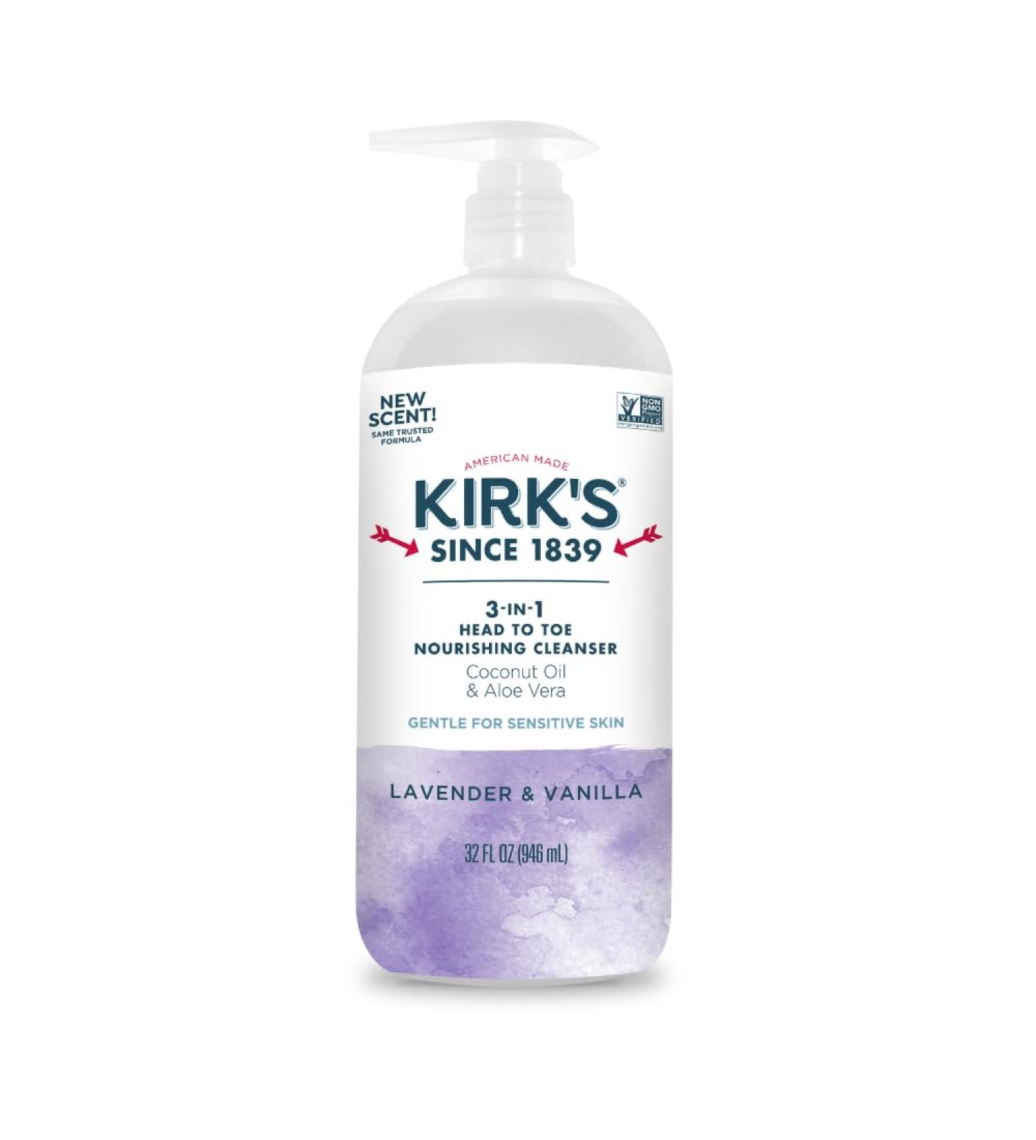 Kirk's 3-in-1 Head to Toe Nourishing Liquid Cleanser- for Men Women & Children - Premium Coconut Oil & Aloe Vera- Non GMO & Vegan - Lavender and Vanilla - 32 Fl Oz. - Buy Online on GoSupps.com
