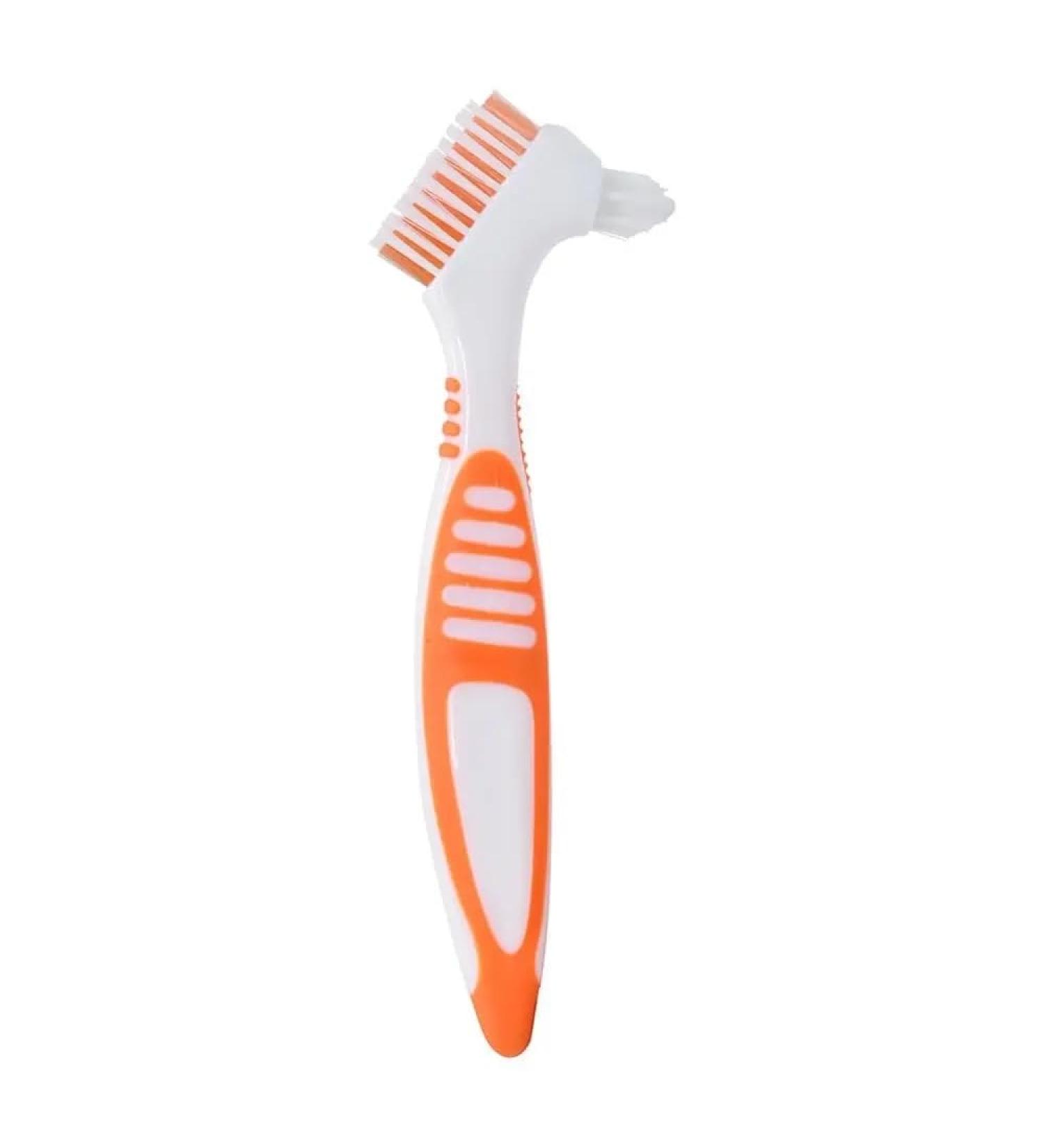 Portable Ergonomic Toothbrush for Prosthesis Cleaning | Multi-Layered Bristle False Teeth Brush with Dual Heads - Yellow - Buy Online on GoSupps.com