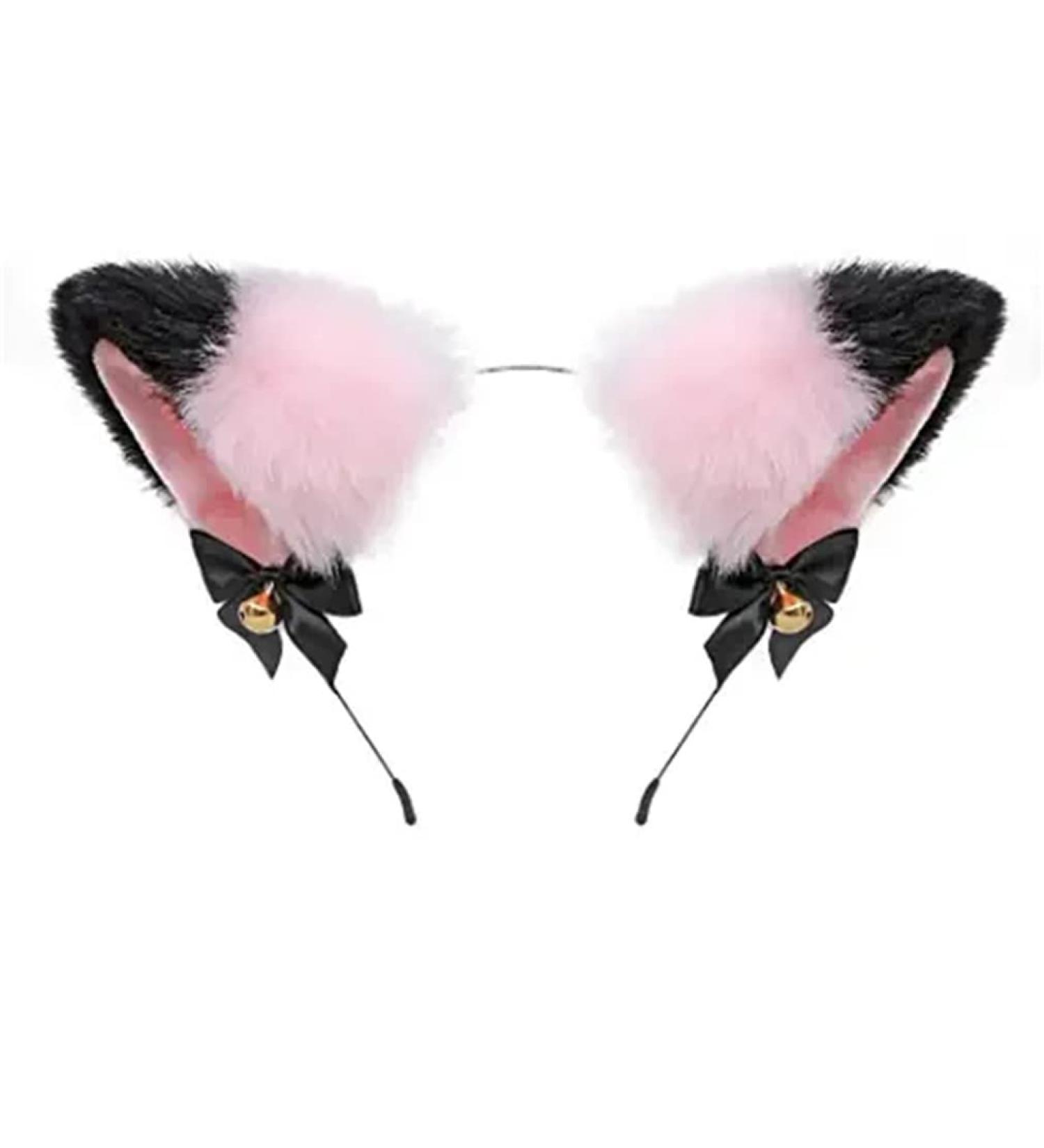 Cat Ears Bell Headband Folding Ear Powder Plus Black Gold Bell Bow Headband Fox Ear Accessories Cute Plush Headgear for Halloween Cosplay Costume Party Dress Girls - Buy Online on GoSupps.com