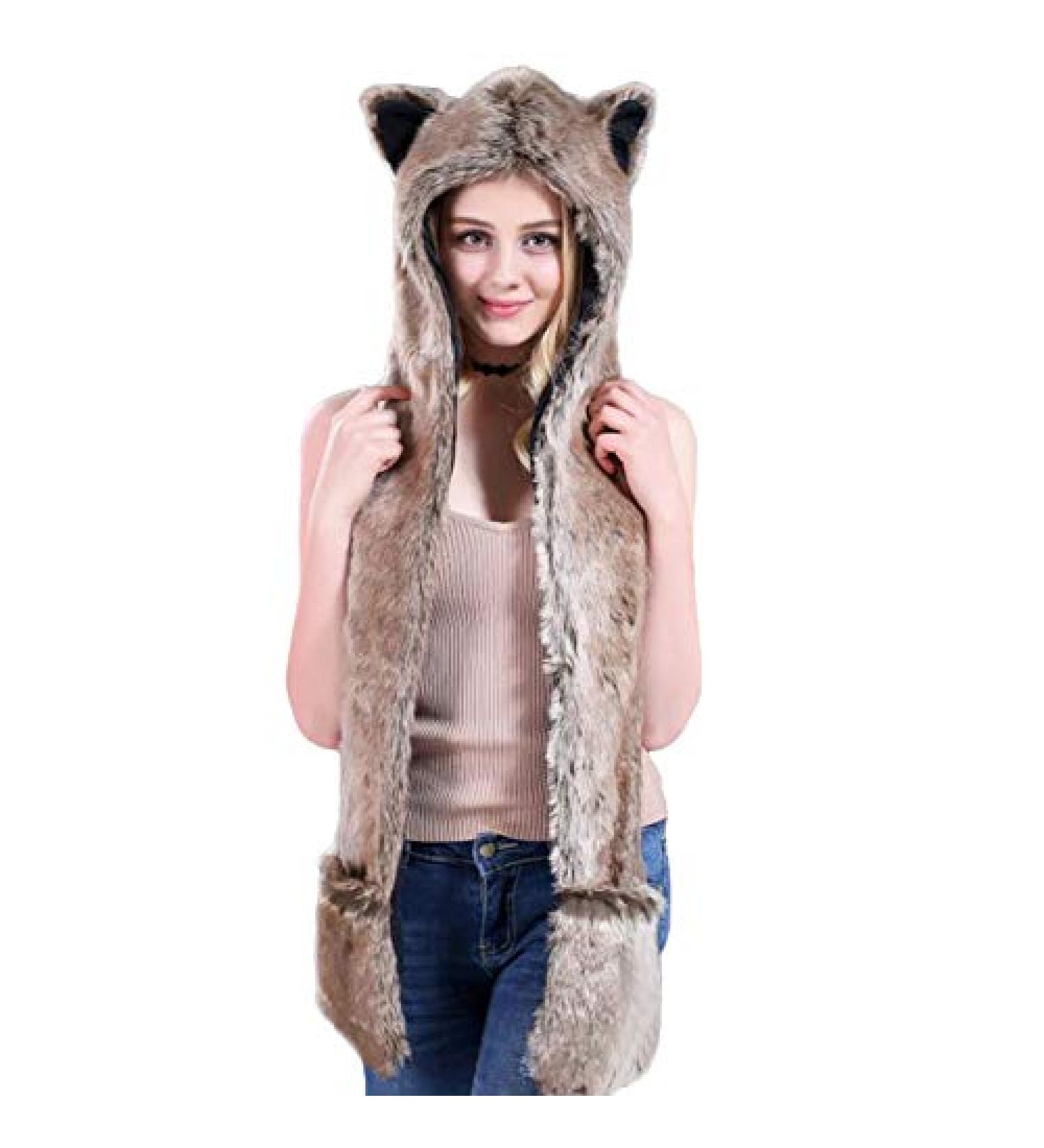 HomDSim Anime Spirit Animal Hood Hoods Furry Hoodie,Faux Fur Hat with Warm Scarf Mittens Gloves Spirit Ears and Paws Brown+red One Size