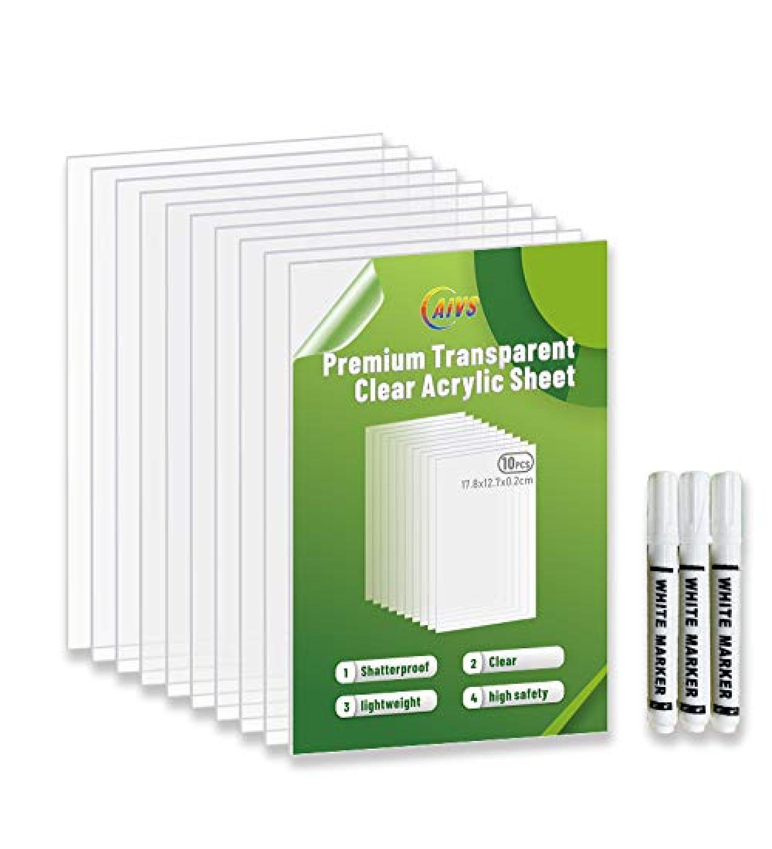 10x Clear Acrylic Sheets 5x7 inch, 0.08 Thick - Picture Frame Glass Replacement, Table Signs, Calligraphy & Painting - AIVS Plexiglass Panels w/ 3 White Markers - Buy Online on GoSupps.com