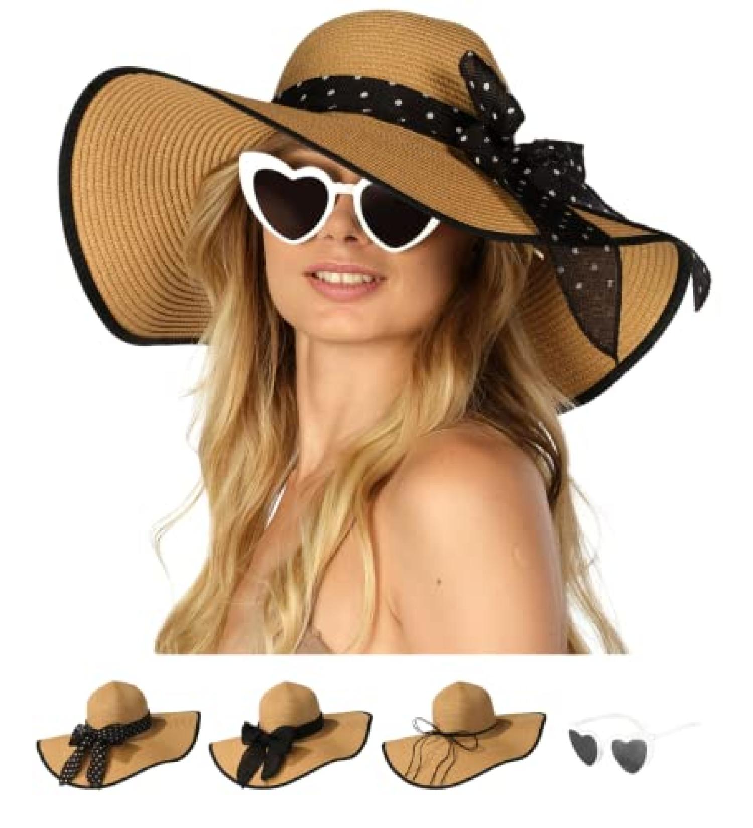 Funcredible Wide Brim Sun Hat for Women - Stylish Floppy Straw Hat with Heart Shape Glasses in Multi-Khaki - Buy Online on GoSupps.com