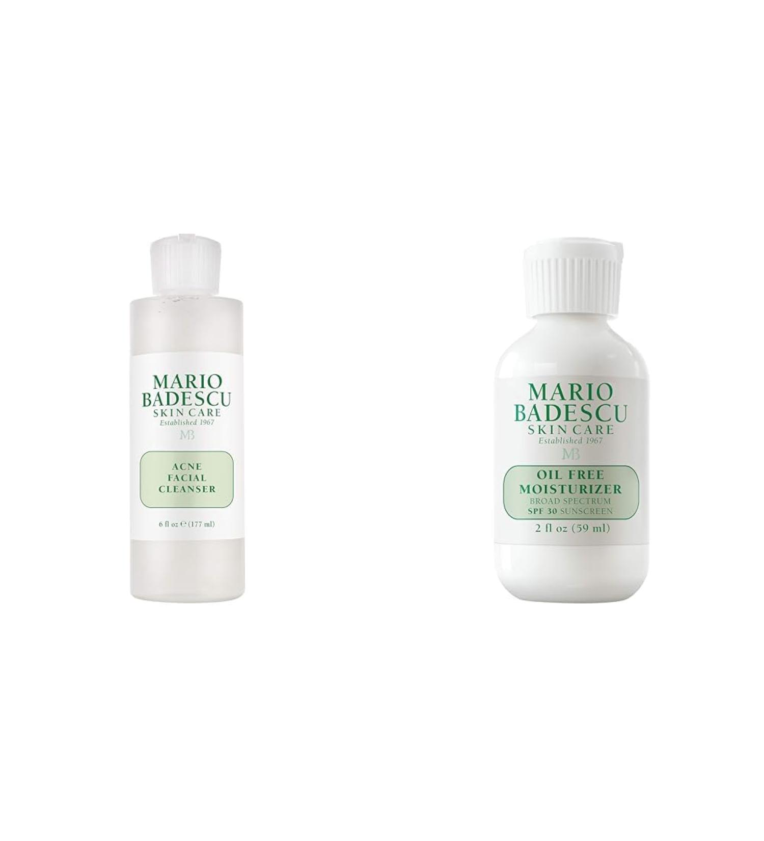 Mario Badescu Acne Facial Cleanser Oil-Free Face Wash with Salicylic Acid & Aloe Vera 6 Fl Oz + Oil Free Moisturizer with Broad Spectrum SPF 30 Face Sunscreen 2 Fl Oz