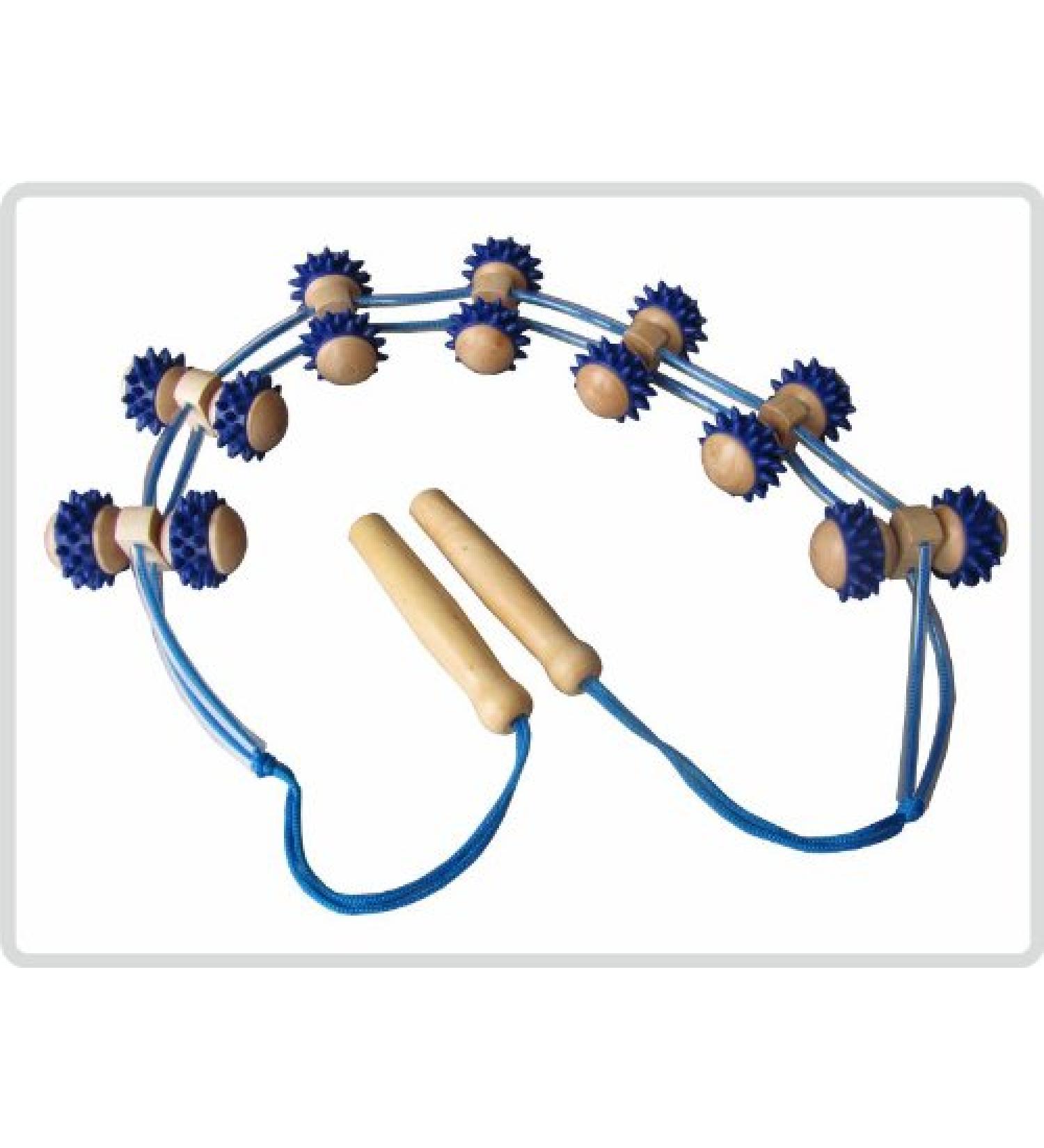 Massage back roller made of wood with plastic knobs