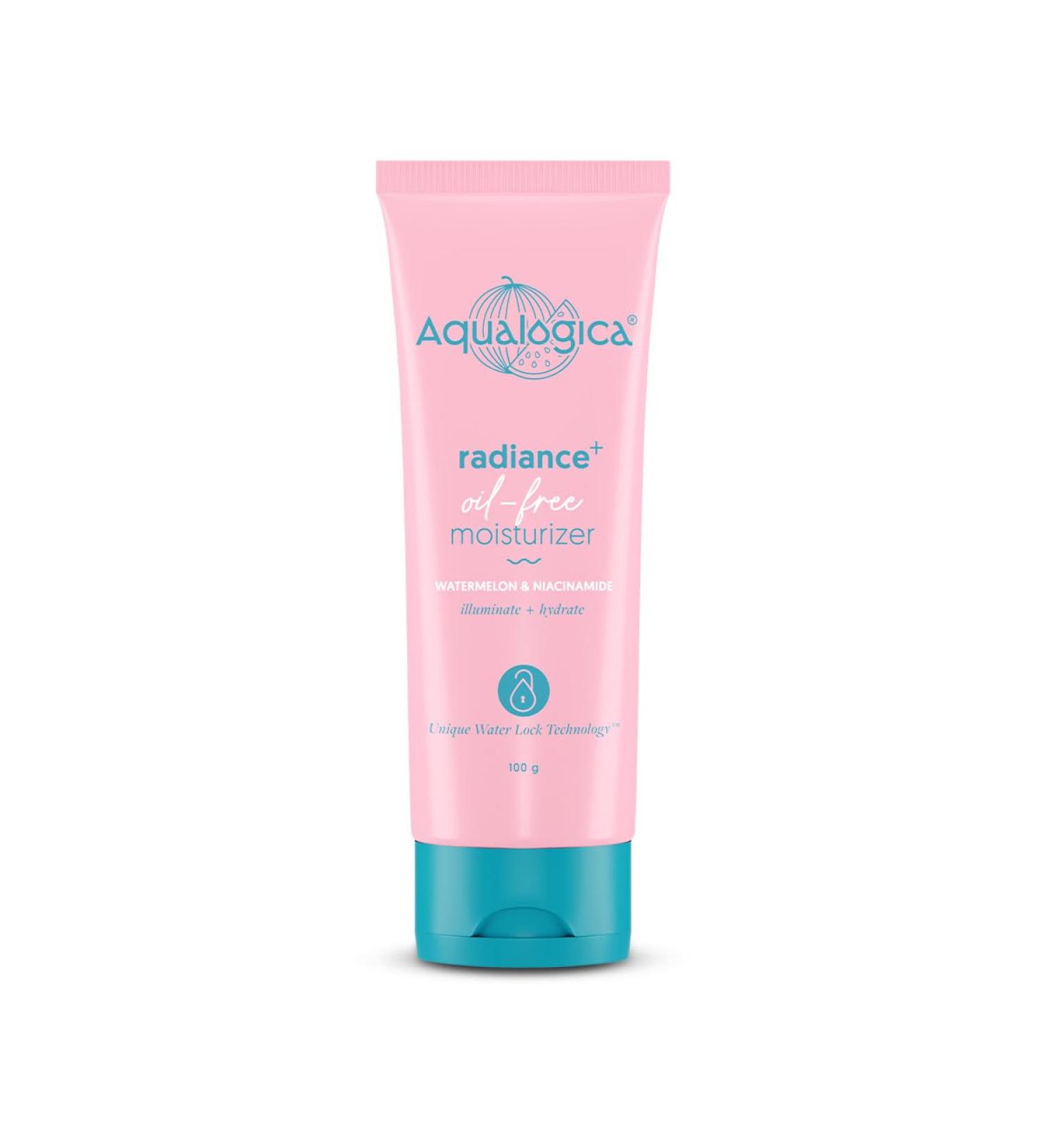 Aqualogica Radiance+ Oil Free Face Moisturizer | Watermelon & Niacinamide Infused | Helps Reduce Acne Marks | Hydrates Skin without Stickiness | 3.38 Fl Oz/100ml - Buy Online on GoSupps.com