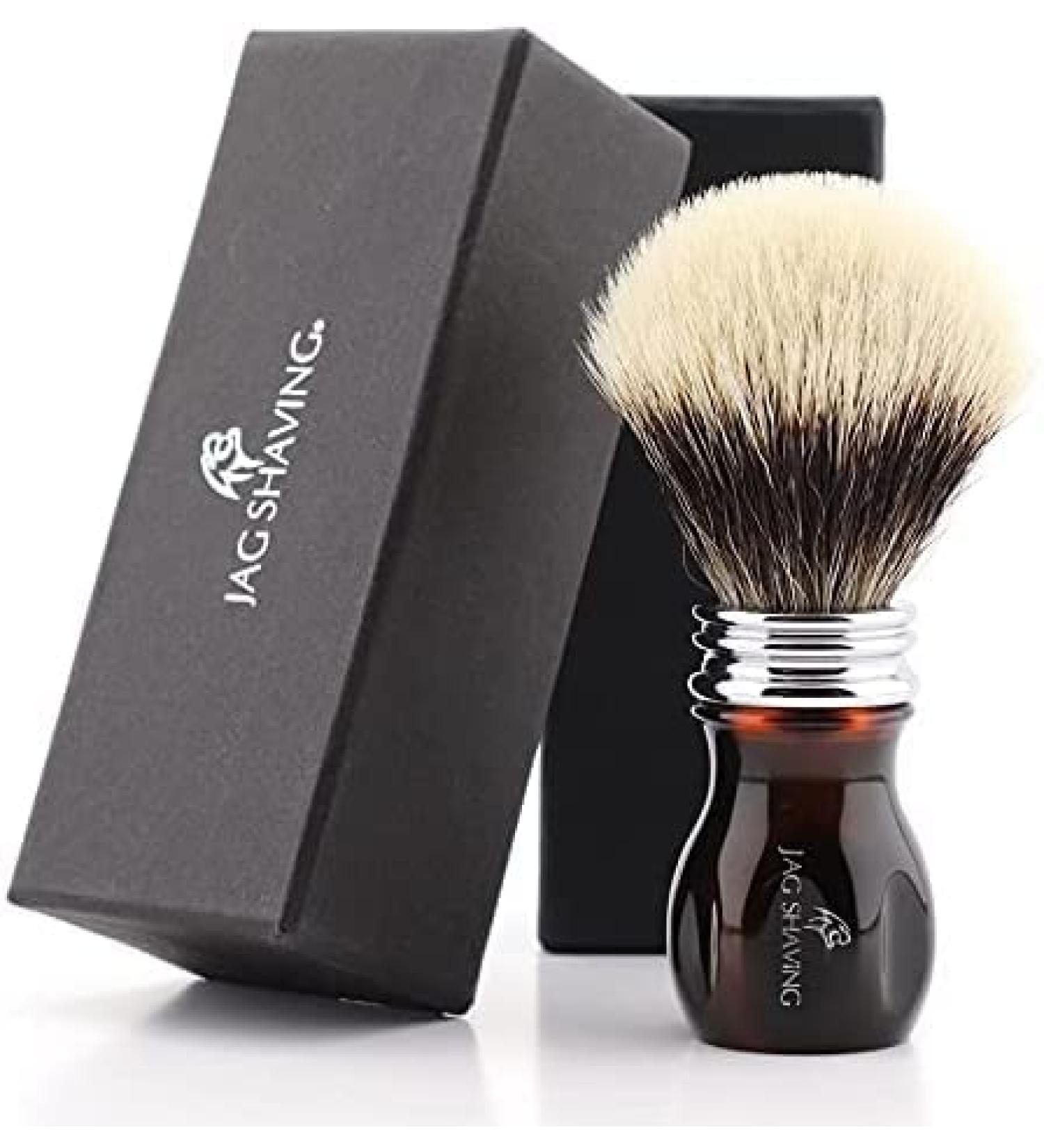 Badger hair shaving brush with silver tip and resin handle by Jag Shaving