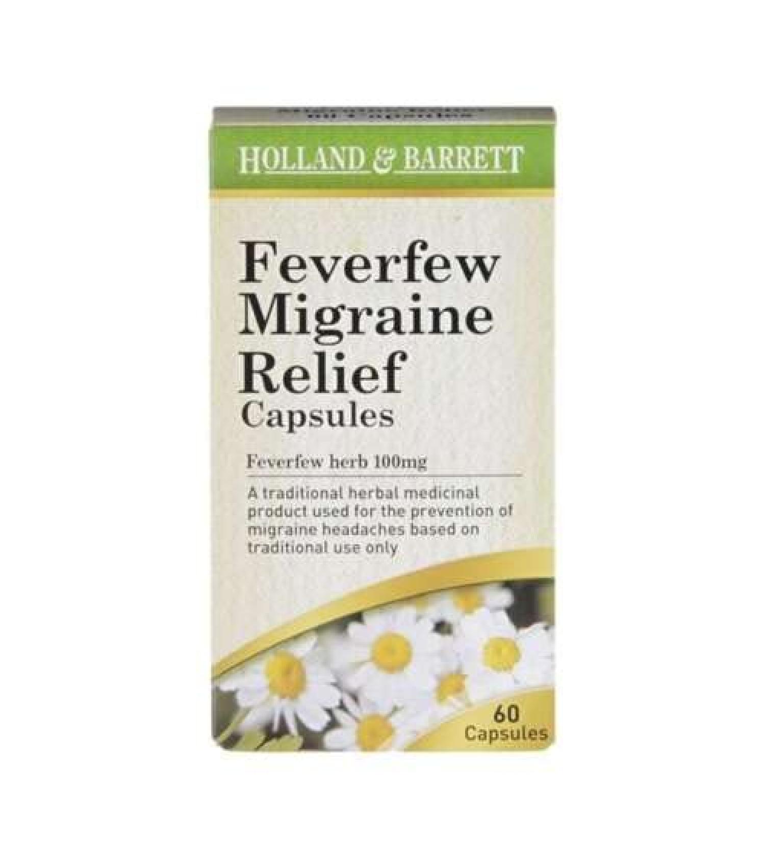 Holland and Barrett Feverfew Migraine Relief 60 Hard Capsules 100mg for The Prevention of Migraines - Buy Online on GoSupps.com