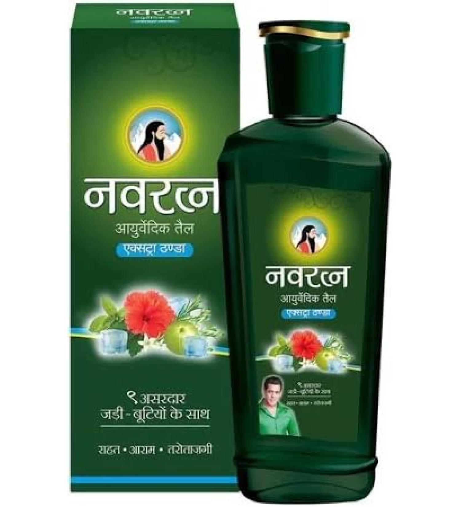Navratna Ayurvedic hair oil 90 ml extra cool hair oil with 9 herbs against headaches stress insomnia and fatigue with Kajal sticker cooling and relaxing - Buy Online on GoSupps.com