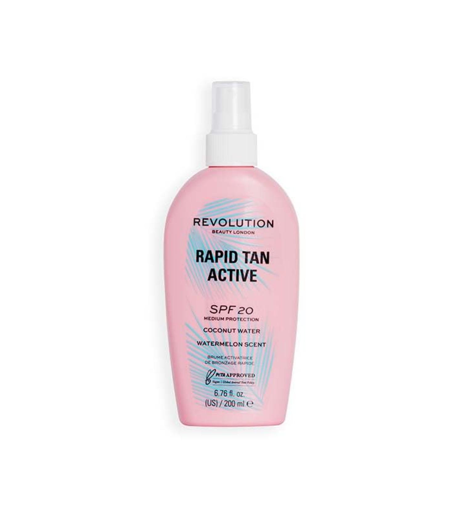 Revolution Beauty London Rapid Tan Accelerator contains SPF20 promotes natural tanning scent of coconut and watermelon 200 ml