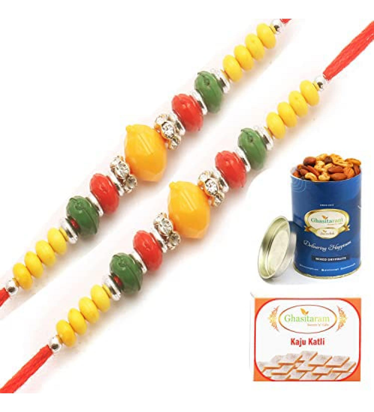 Ghasitaram Gifts Rakhis Online for Brother- Set of 2-6272 Rakhi Thread with 100 GMS of Dryfruits Mix Can 200 GMS of Kaju katli 2 Rakhi & 100g Dryfruits Mix Can 200g Kaju katli - Buy Online on GoSupps.com