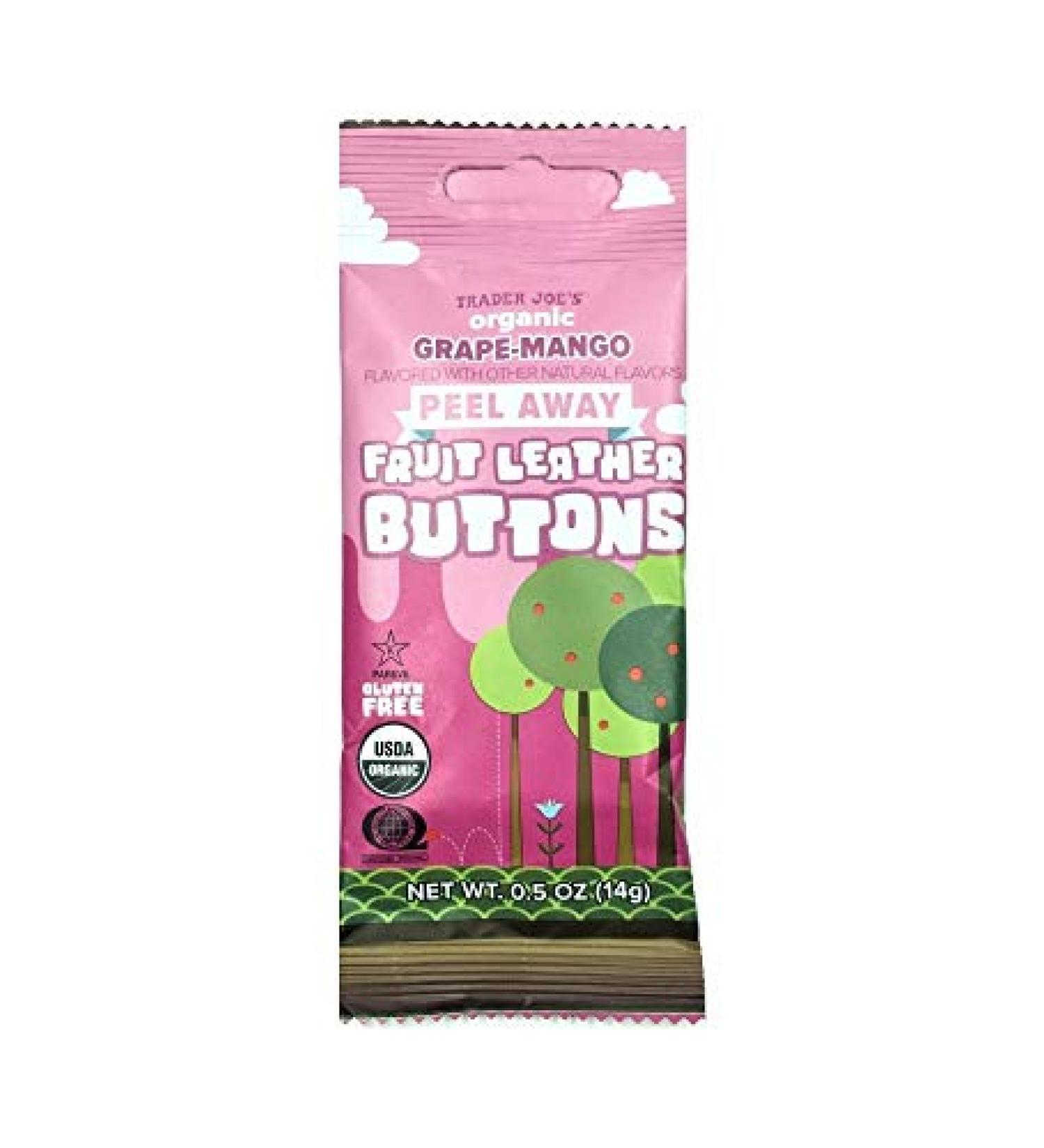 Trader Joe's New Peel Away Organic Fruit Leather Buttons 0.5oz (Grape-Mango, 12 Pack) Grape-Mango 12 Pack