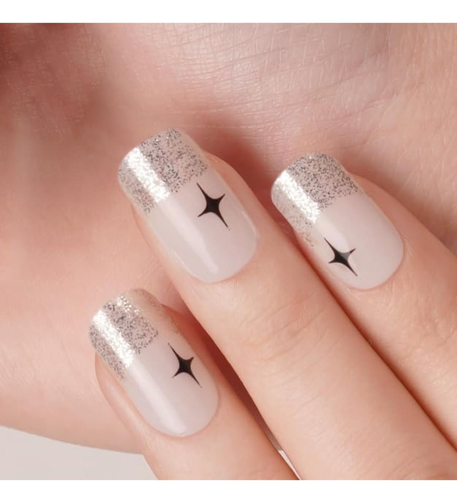 Danni & Toni Starry Serenade Half-Hardened Gel Nail Films - Silver & White French Glitter Stars | Self-Adhesive Nail Wraps | 28 Sticker Set - Buy Online on GoSupps.com