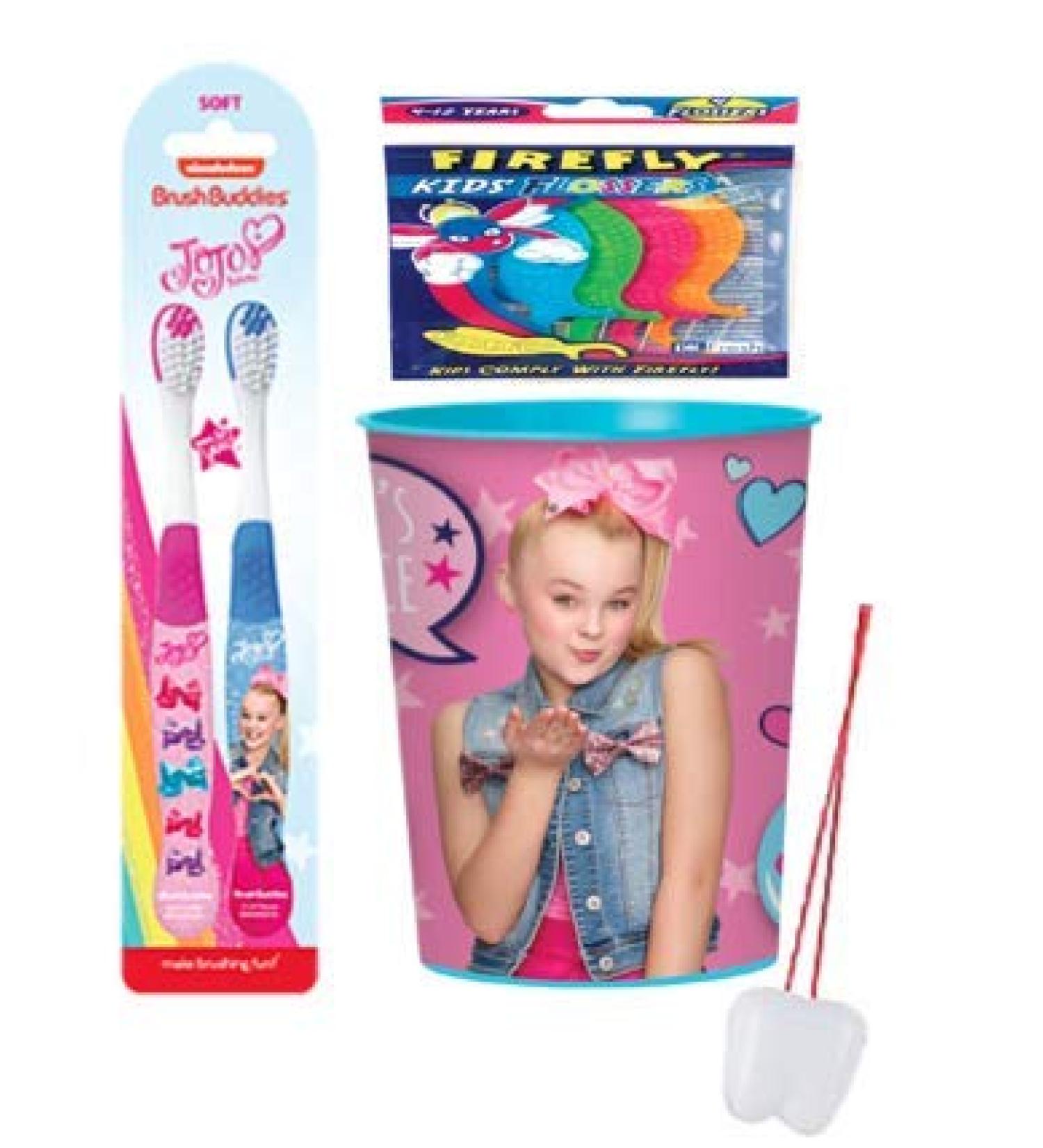 Jojo Siwa Just Dance Girl's Oral Hygiene Bundle Include 2pk Soft Manual Toothbrush & Mouthwash Rinse Cup! Plus Bonus Flossers and Tooth Necklaces as Visual Aid Reminder!