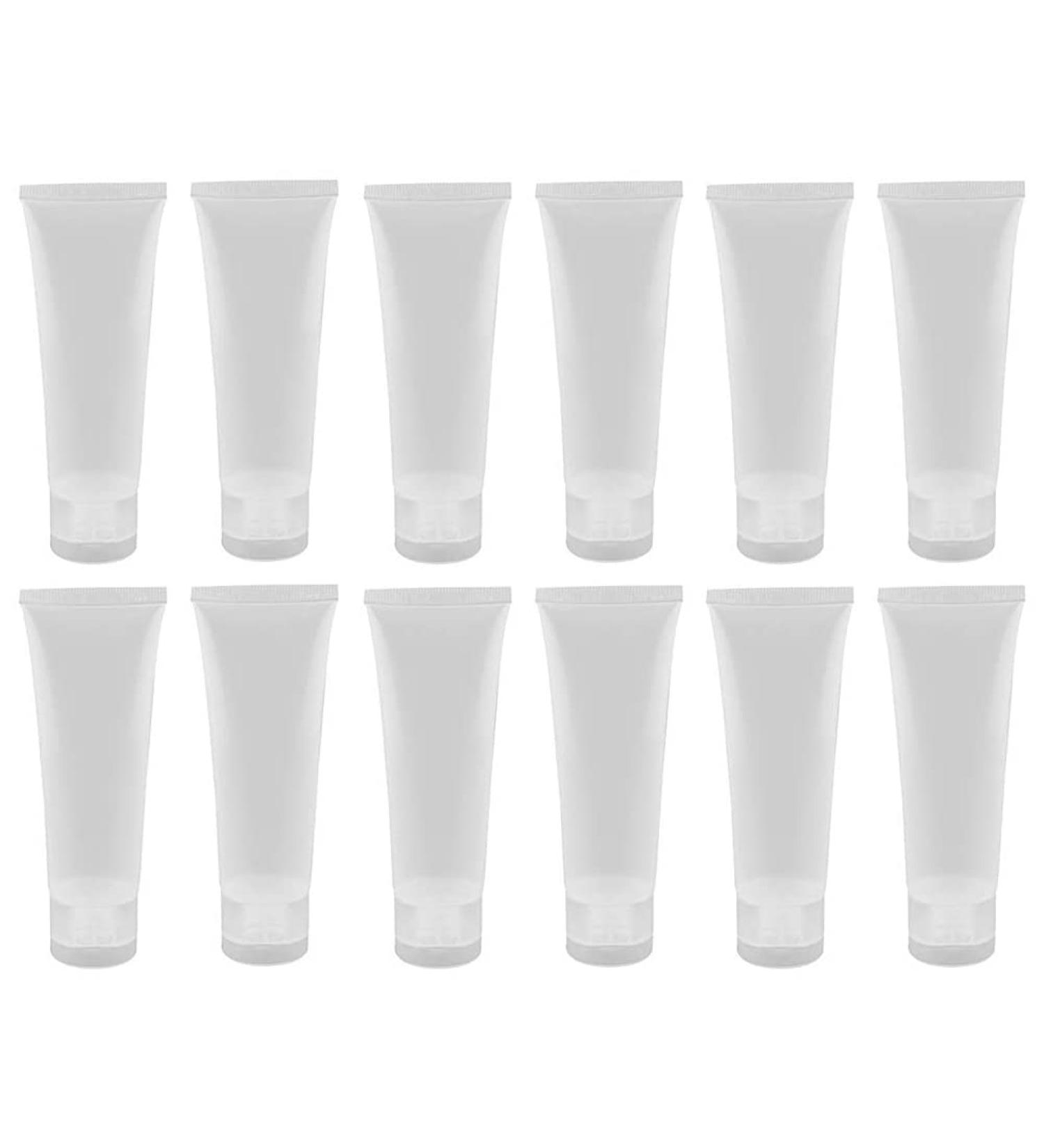 12 Refillable Transparent Plastic Cosmetic Tubes - Soft Squeeze Travel Containers with Hinged Lid for Shampoo Shower Gel & Body Lotion - Buy Online on GoSupps.com